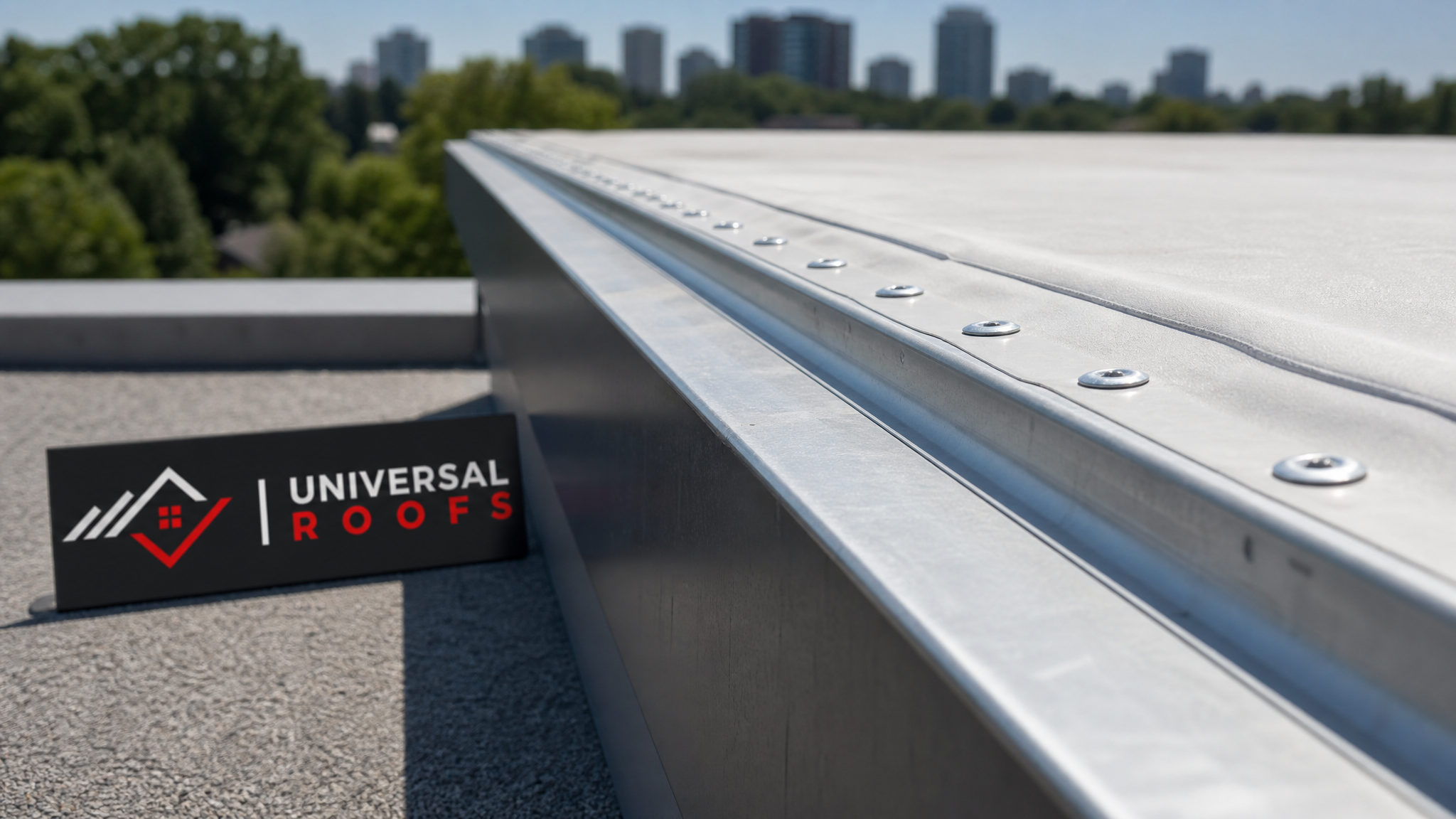 Close-up detail of a reinforced commercial roof edge flashing and fastener pattern after wind damage repair, showing secure metal edge termination
