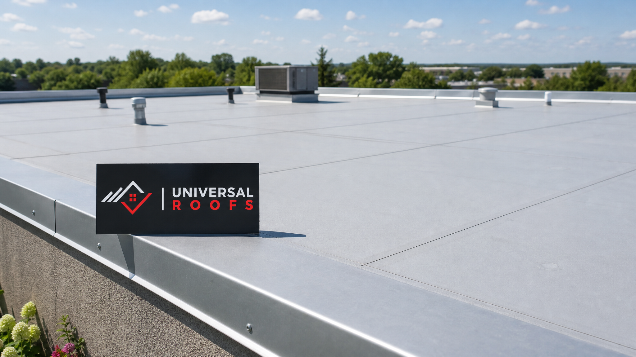 Repaired commercial flat roof membrane in Toronto after wind damage restoration, showing clean seams and secure edge flashing under summer daylight