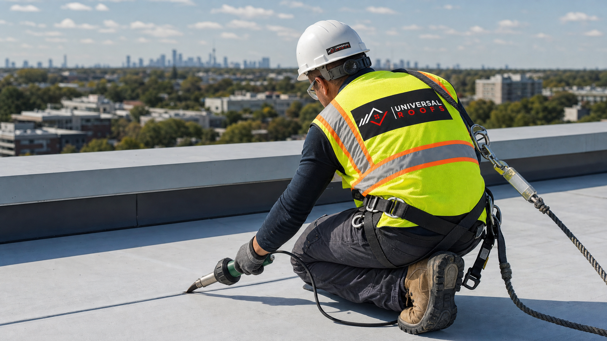 Roofing technician wearing full safety harness and PPE welding a TPO membrane seam on a commercial rooftop in Toronto during a wind damage repair