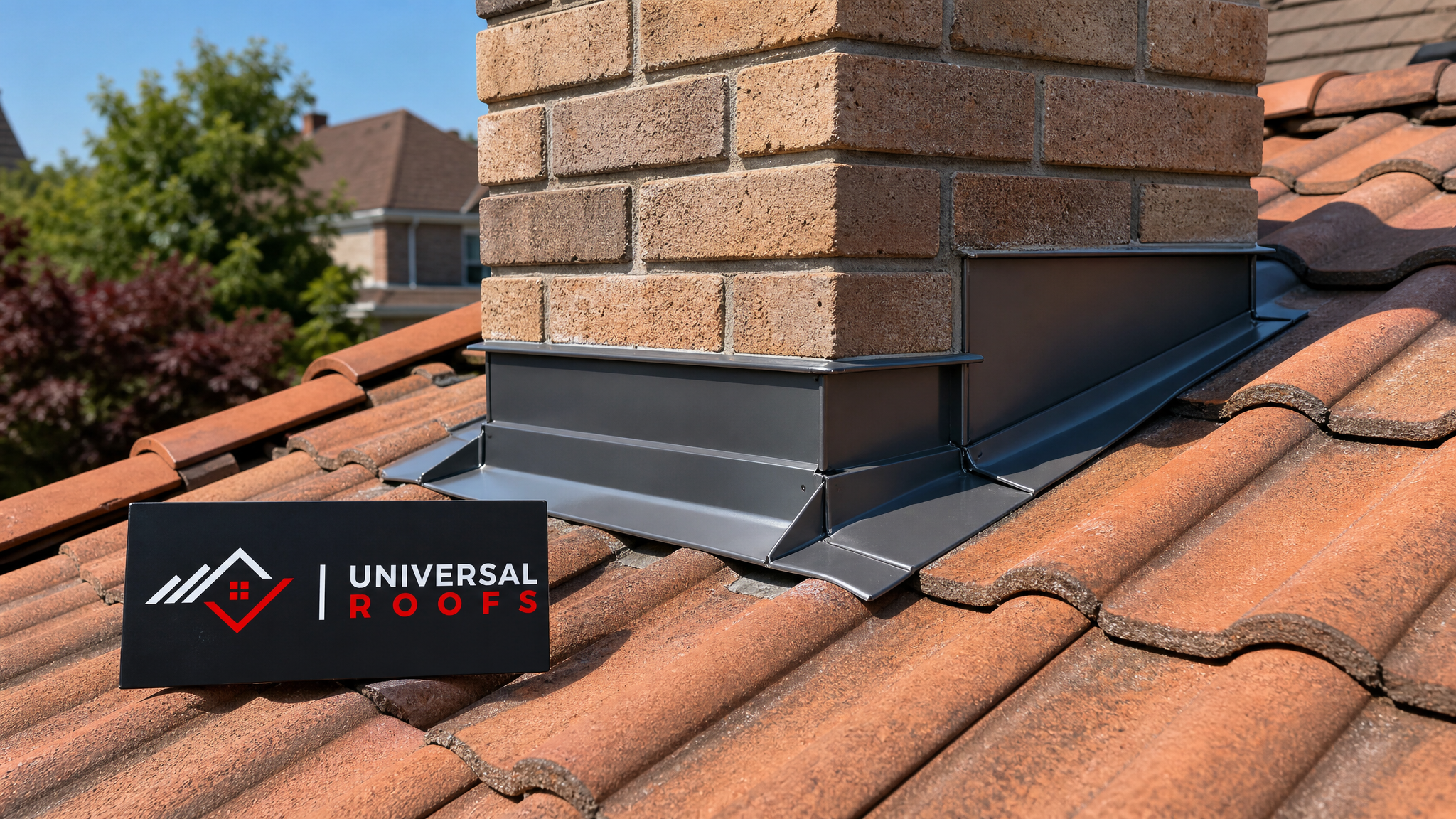 Freshly repaired tile roof flashing around a chimney on a Toronto home in summer daylight