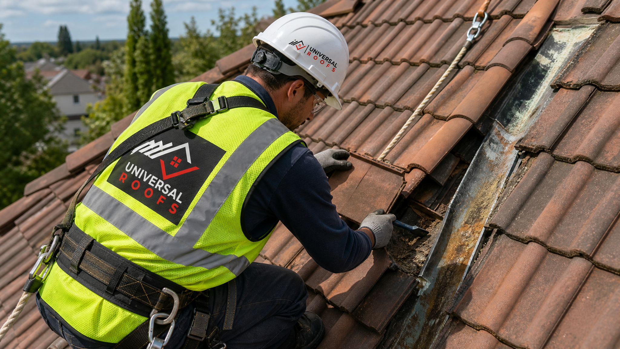 Roofer wearing full safety harness repairing step flashing on a tile roof valley in Toronto