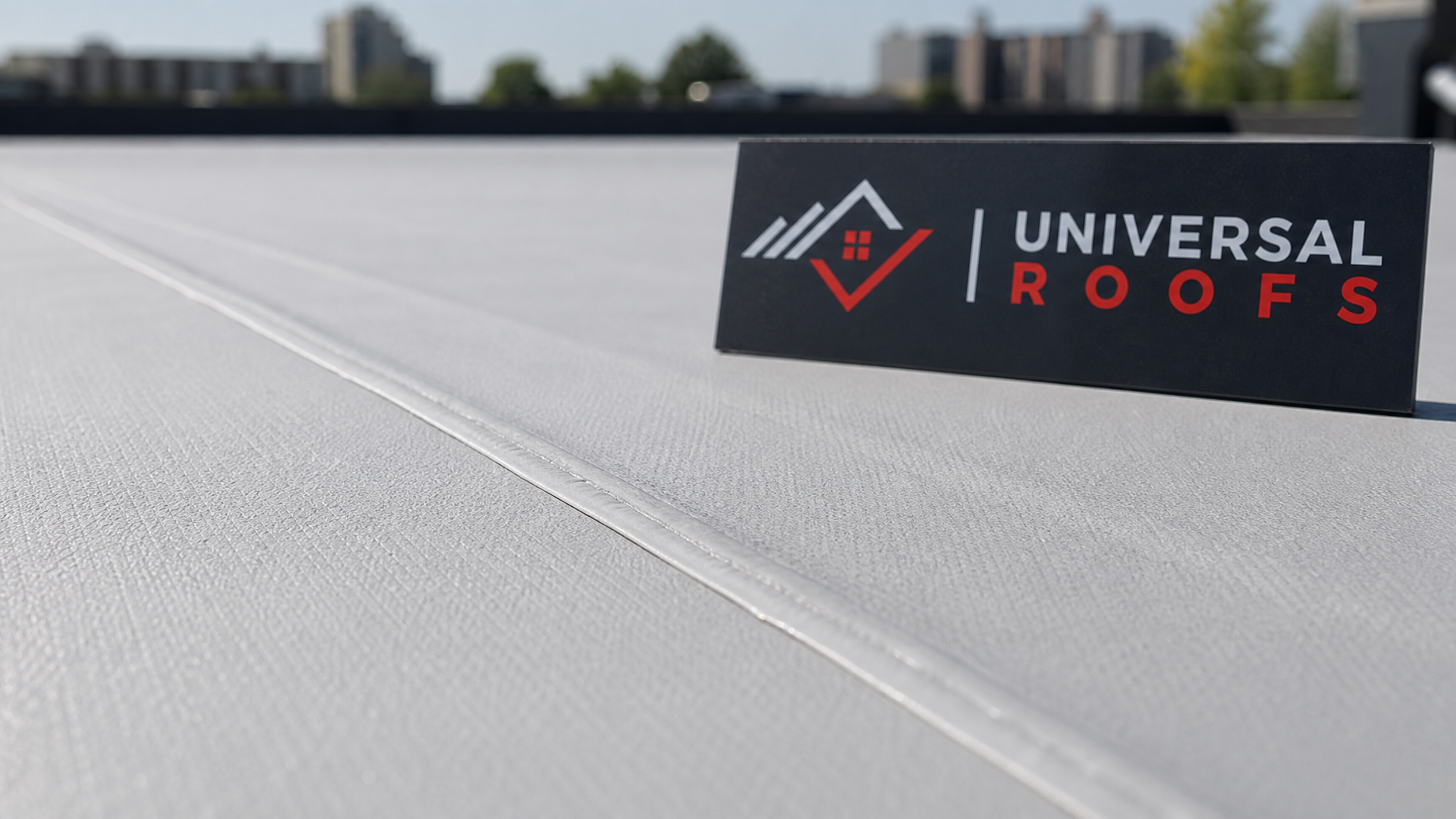 Close-up of a heat-welded TPO membrane seam repair with a Universal Roofs branded sign placard nearby