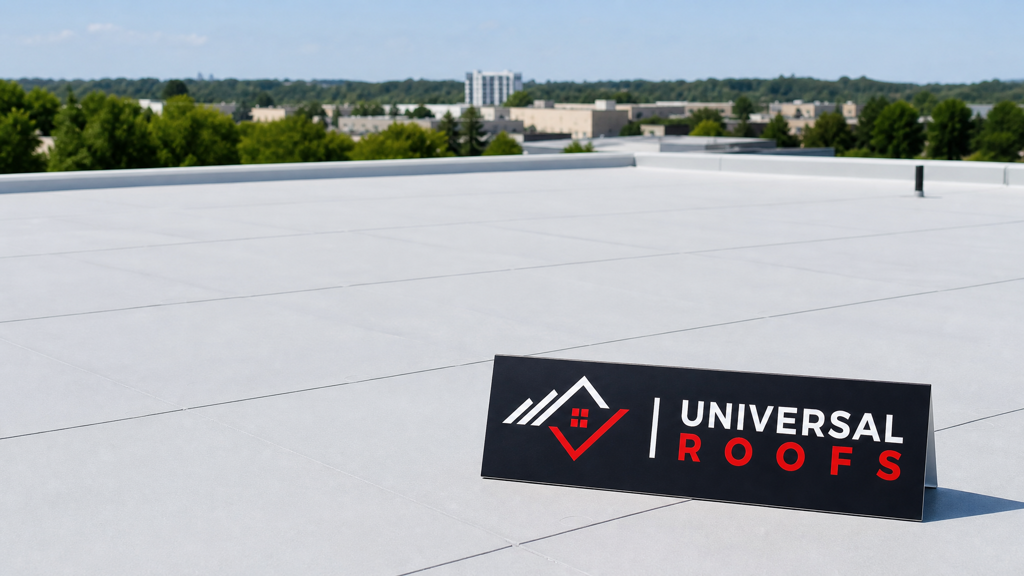 Repaired flat roof membrane in good condition under summer daylight with a Universal Roofs sign placard nearby