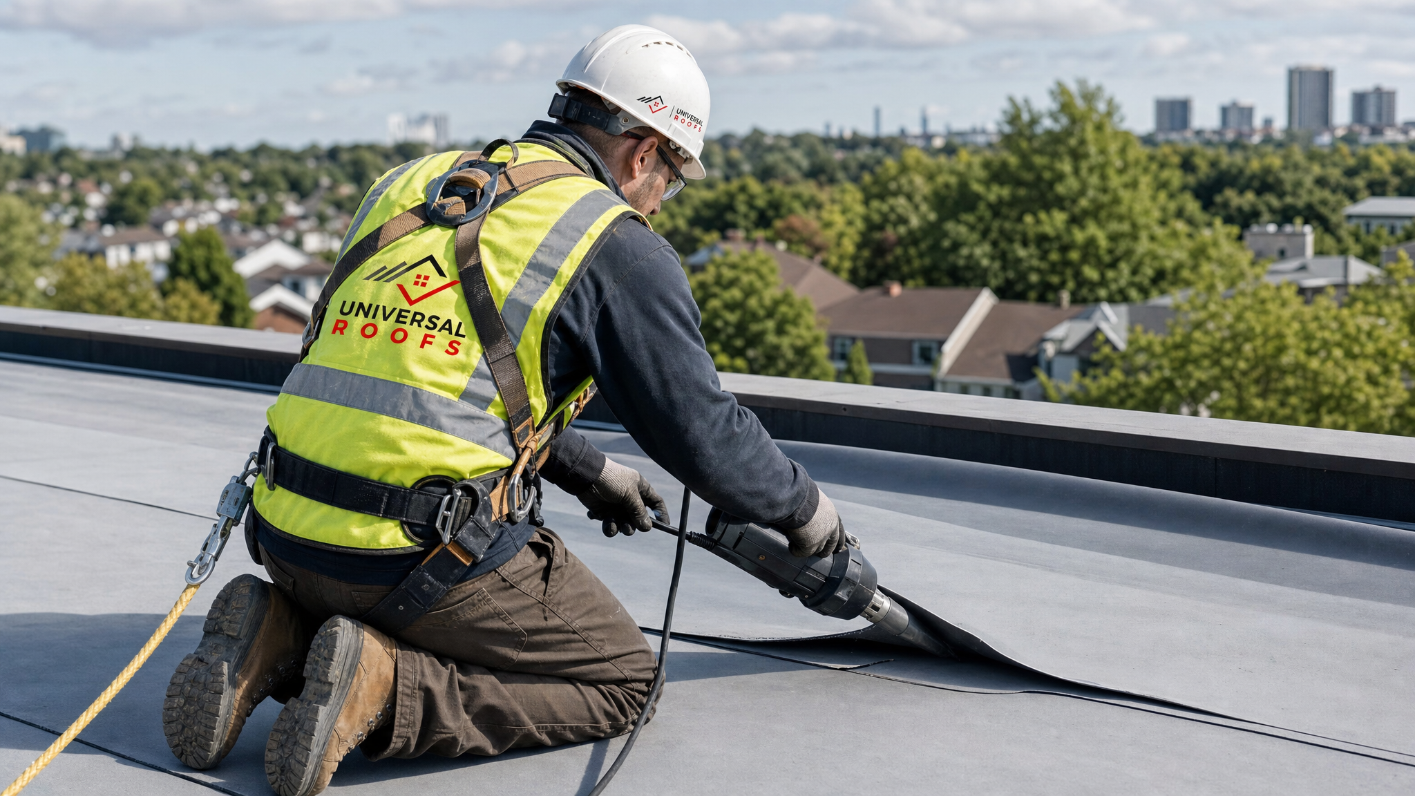 Roofer wearing full safety harness and PPE repairing a flat roof seam after wind damage