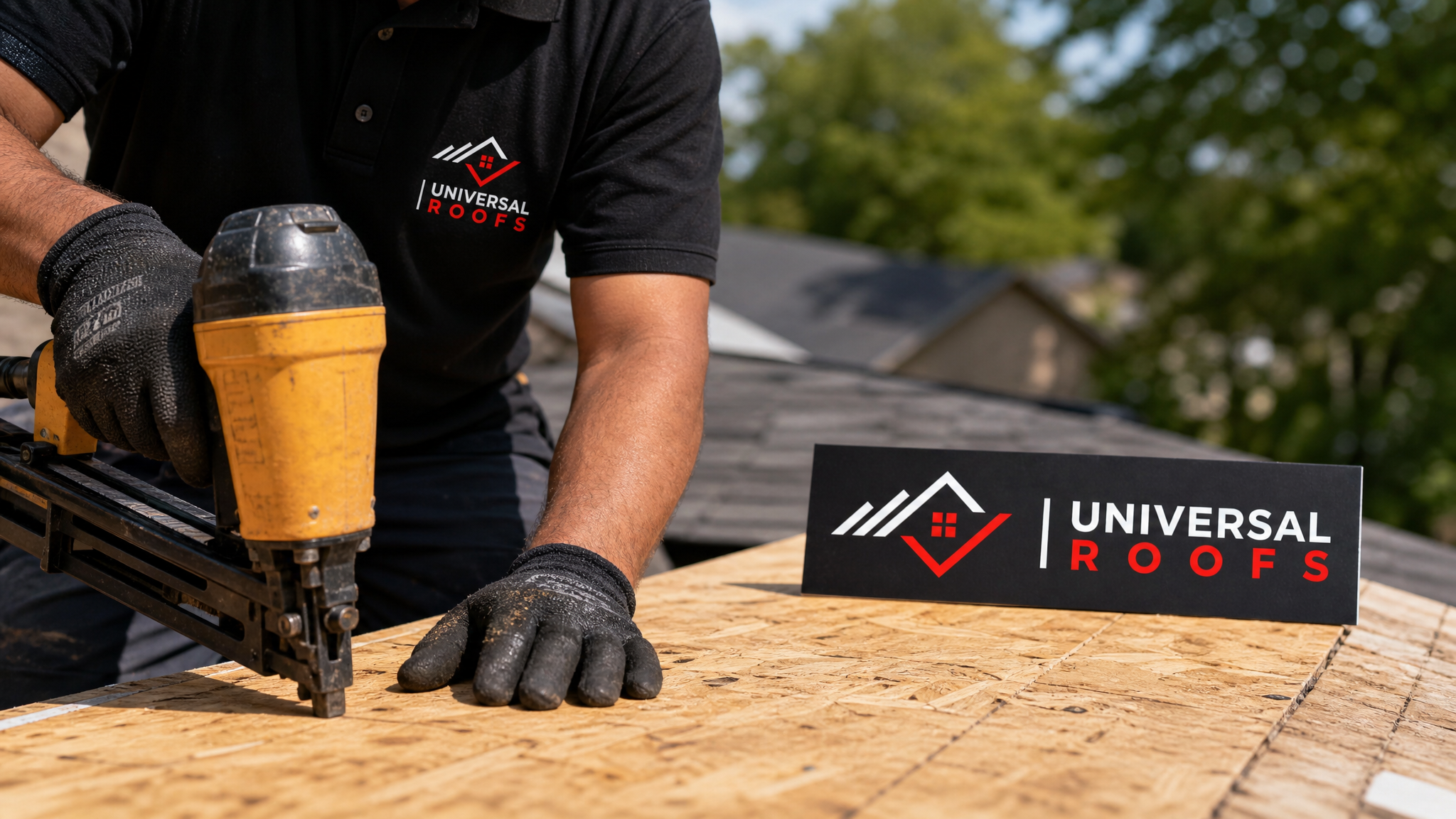 Close-up of a new roof decking board being fastened into place