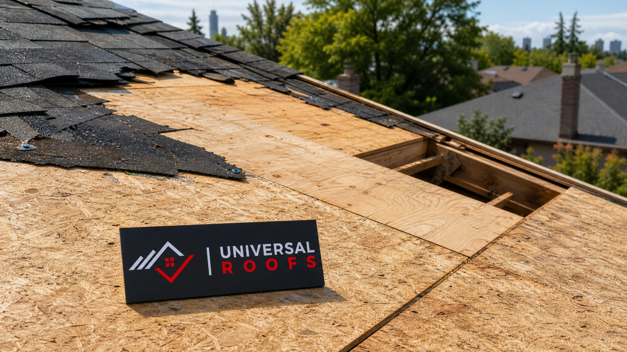 Exposed and freshly repaired roof decking on a Toronto home during daylight