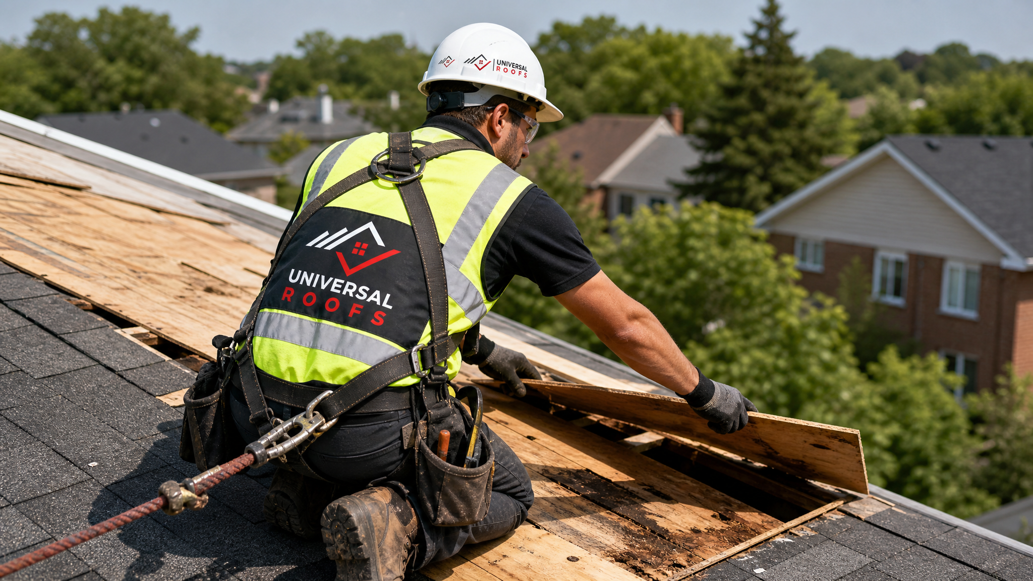 Roofer wearing full safety gear replacing damaged roof decking boards