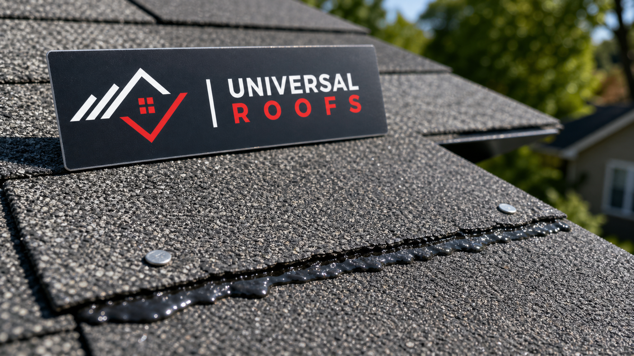 Close-up detail of a properly sealed asphalt shingle tab with visible roofing cement bead and correct nail placement on a residential roof