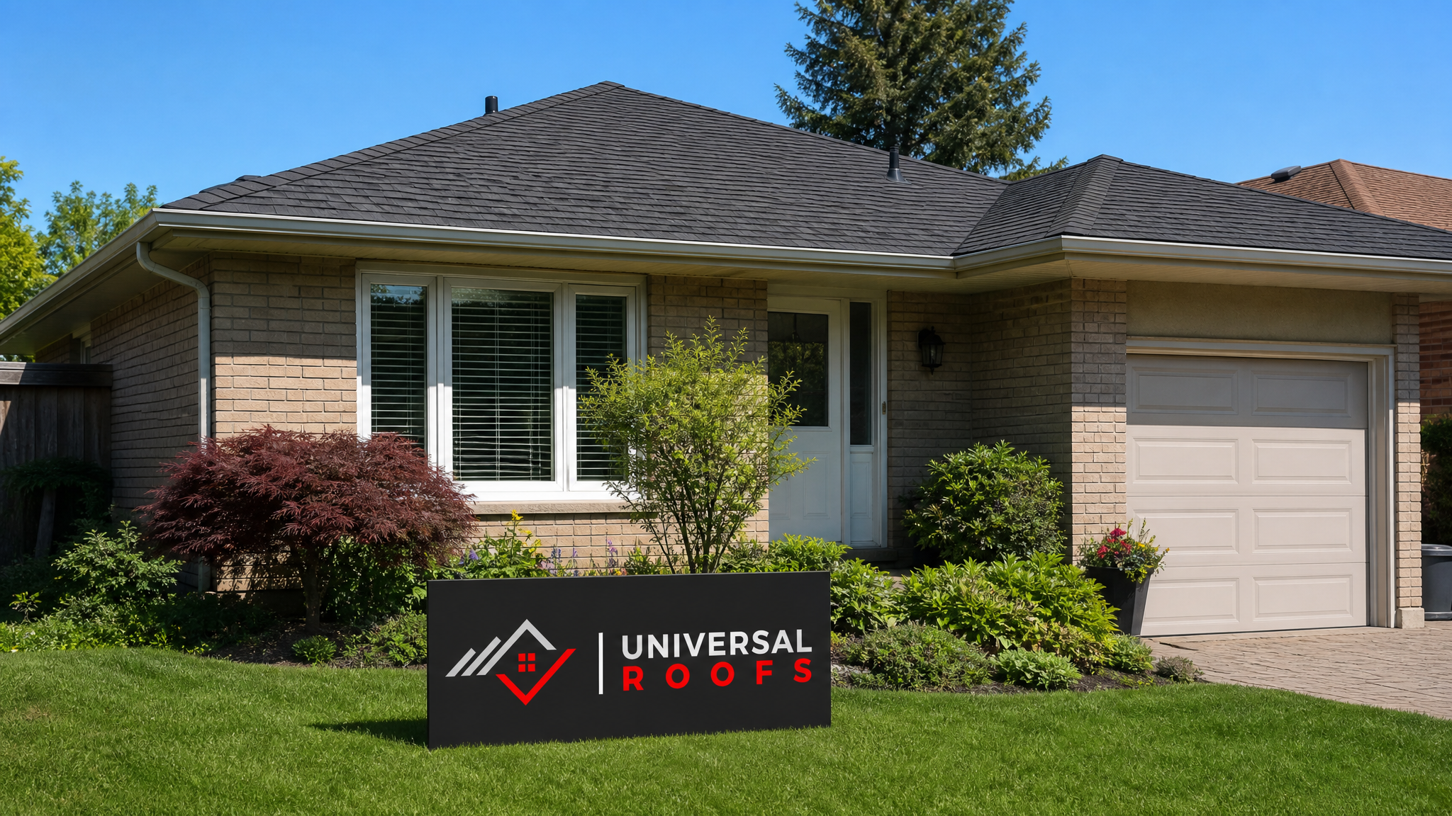 A fully repaired residential asphalt shingle roof in a Toronto suburb on a clear summer day, showing uniform, properly sealed shingles with no visible damage