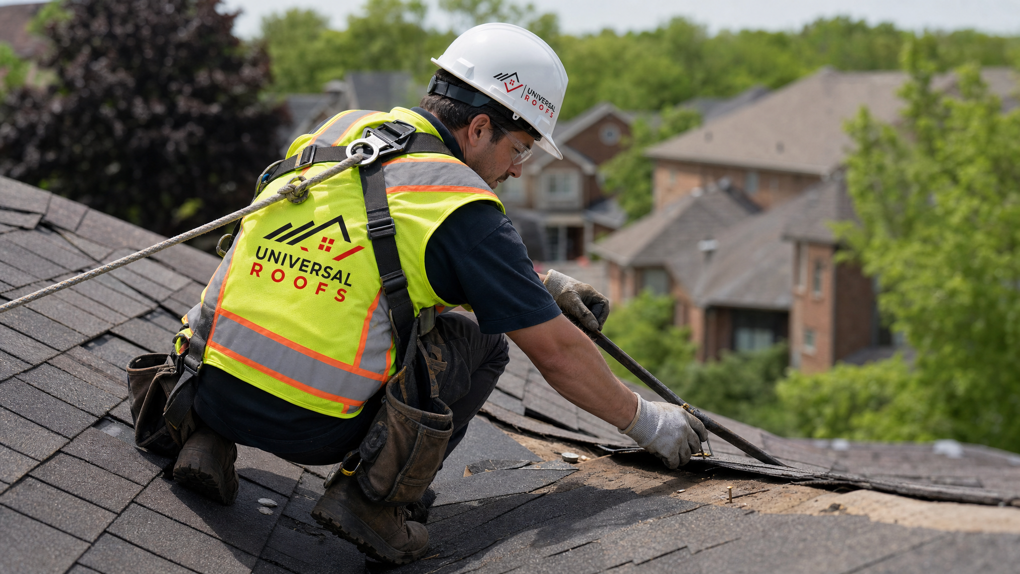 A roofer wearing a hard hat, high-visibility vest, safety glasses, gloves, and a fall-protection harness with safety rope, kneeling on a residential asphalt shingle roof and replacing a wind-damaged shingle