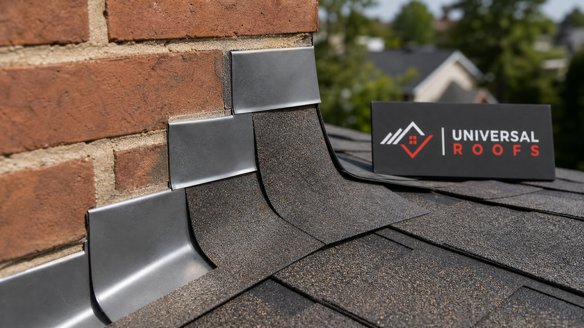 Close-up of new aluminum step flashing woven into shingle courses with a branded sign placard nearby