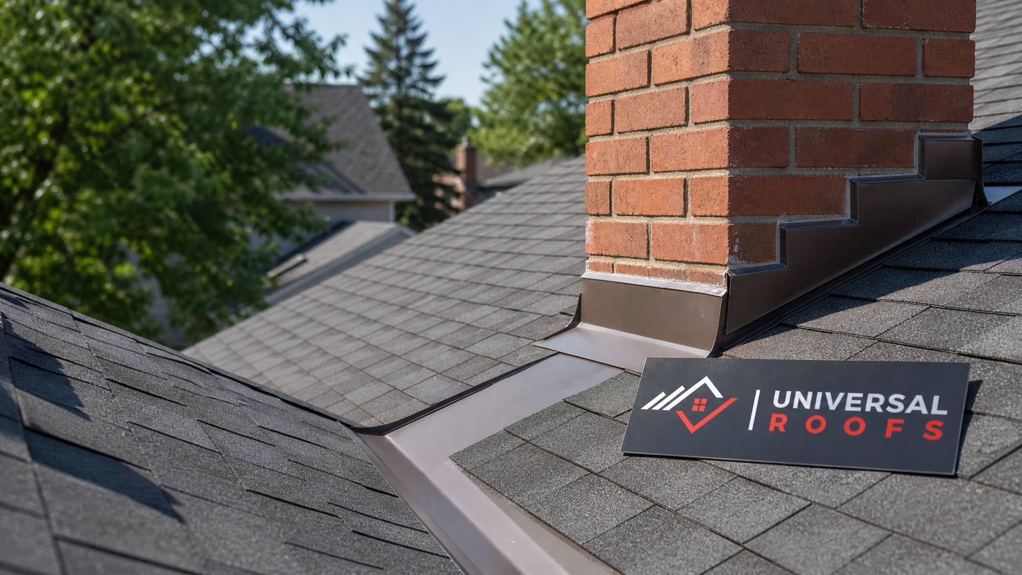 Freshly repaired roof flashing along a chimney and valley on a Toronto home in summer daylight