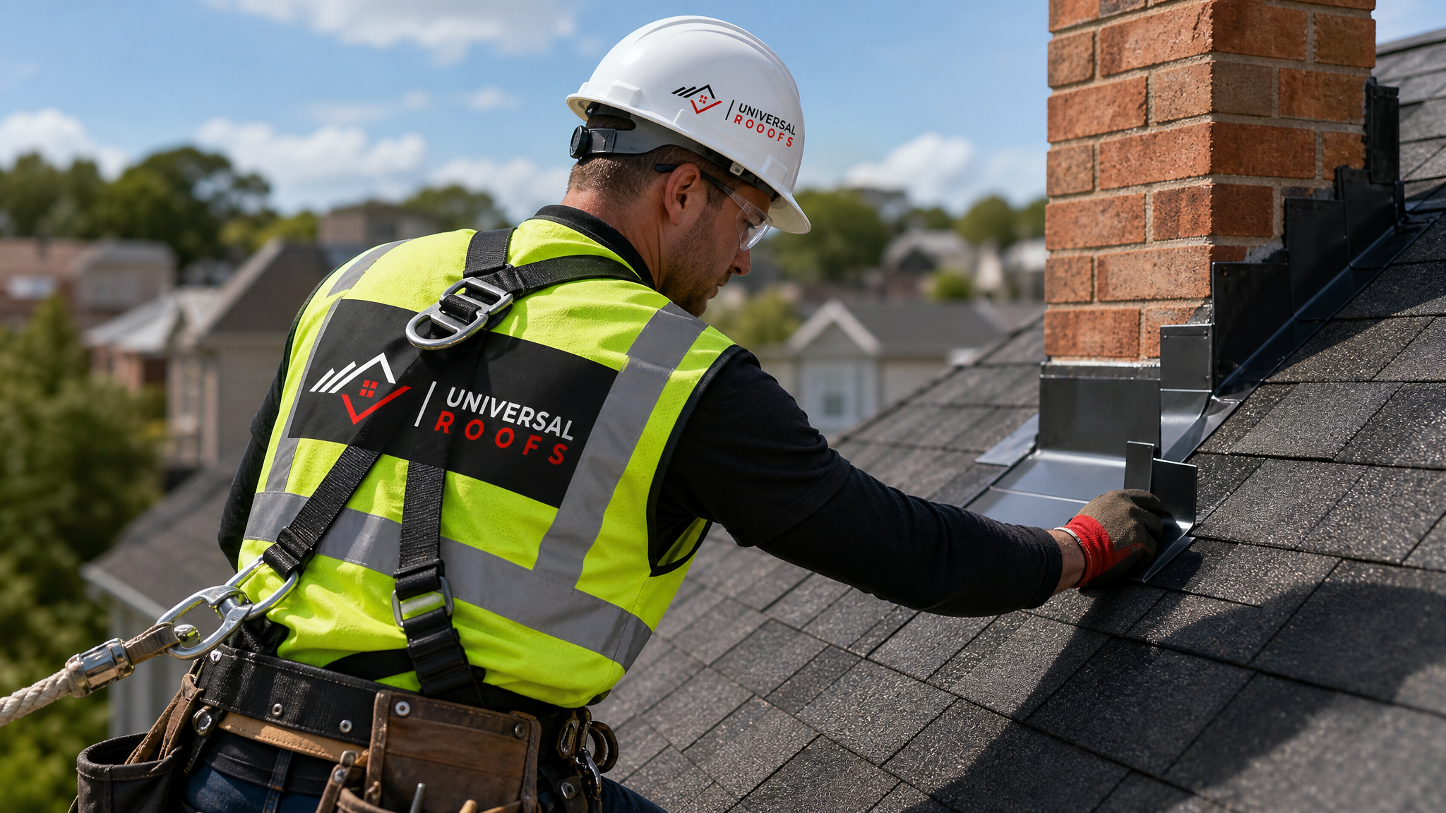 Roofer wearing full safety harness installing new step flashing along a chimney on a GTA home