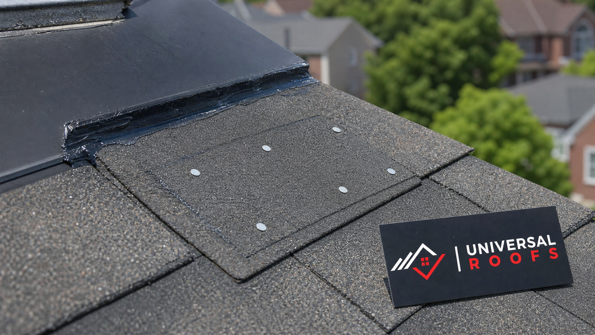 Close-up detail of correctly resealed asphalt shingle flashing and six-nail fastening pattern after wind damage repair, with a Universal Roofs branded sign placard visible
