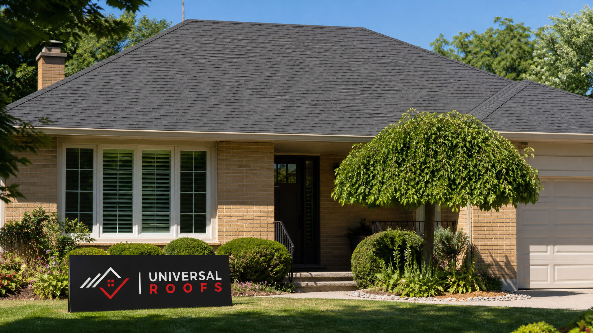 Repaired asphalt shingle roof on a Toronto-area home after wind damage restoration, shown in summer daylight with a Universal Roofs branded sign placard nearby