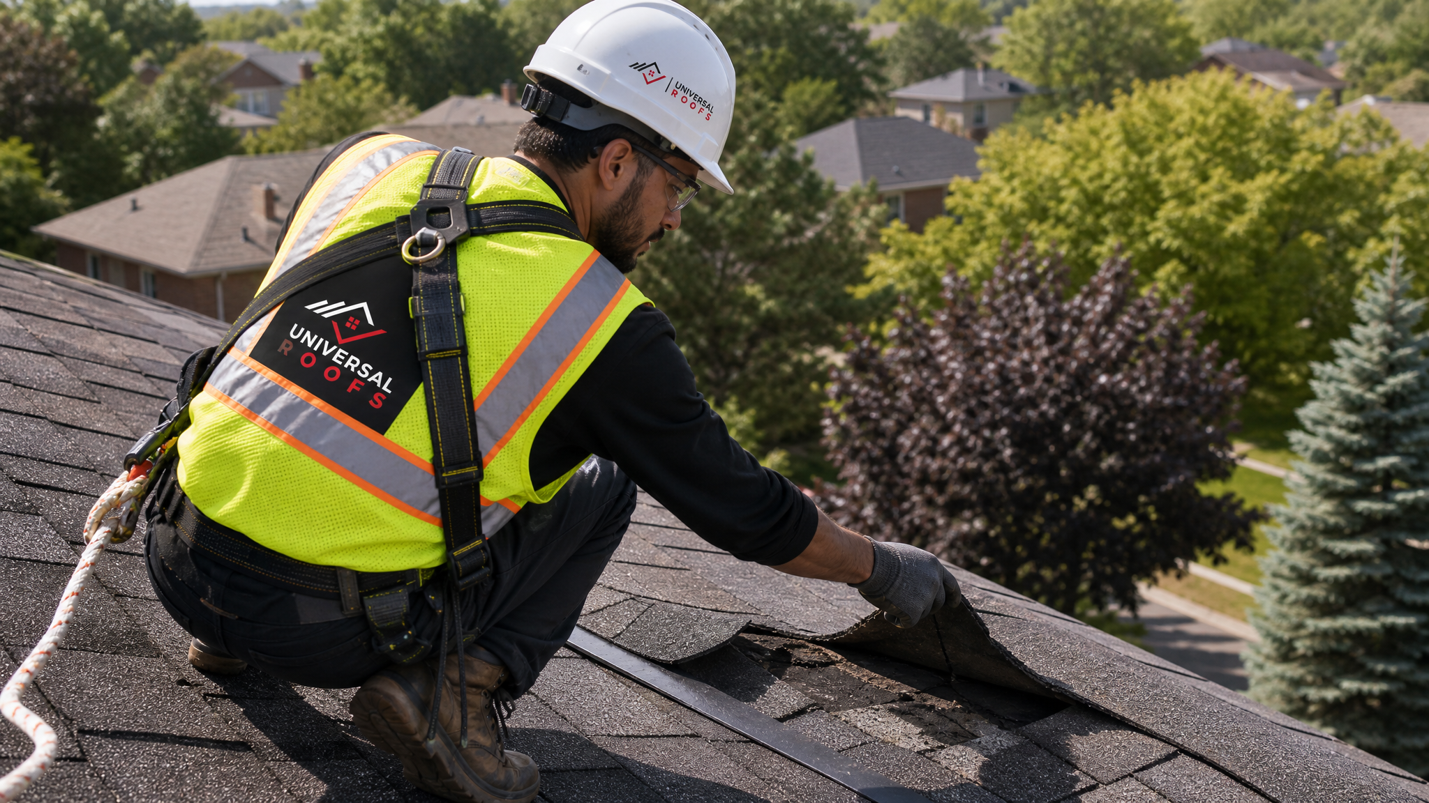 Roofing technician wearing full safety harness and PPE inspecting wind-lifted shingles on a GTA home during a wind damage repair
