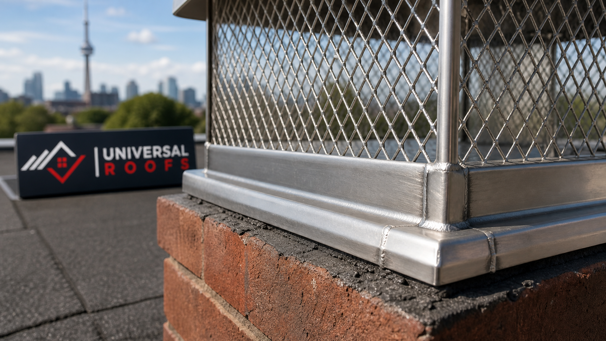 Close-up of stainless steel mesh screen and welded seams on a repaired chimney cap