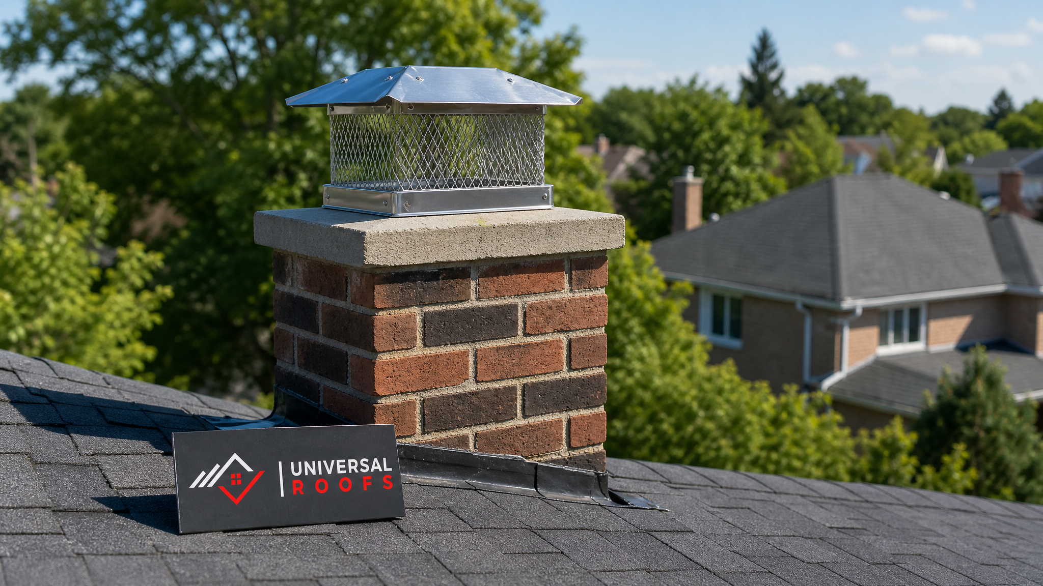 Newly repaired stainless steel chimney cap on a Toronto home under clear summer sky