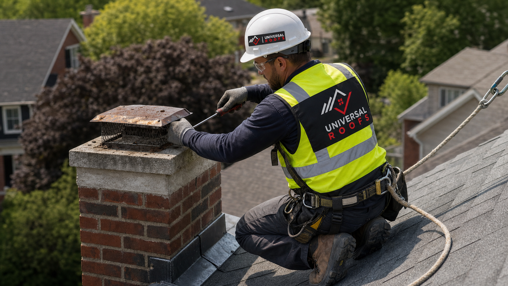 Roofer wearing full safety harness repairing a rusted chimney cap on a steep Toronto roof