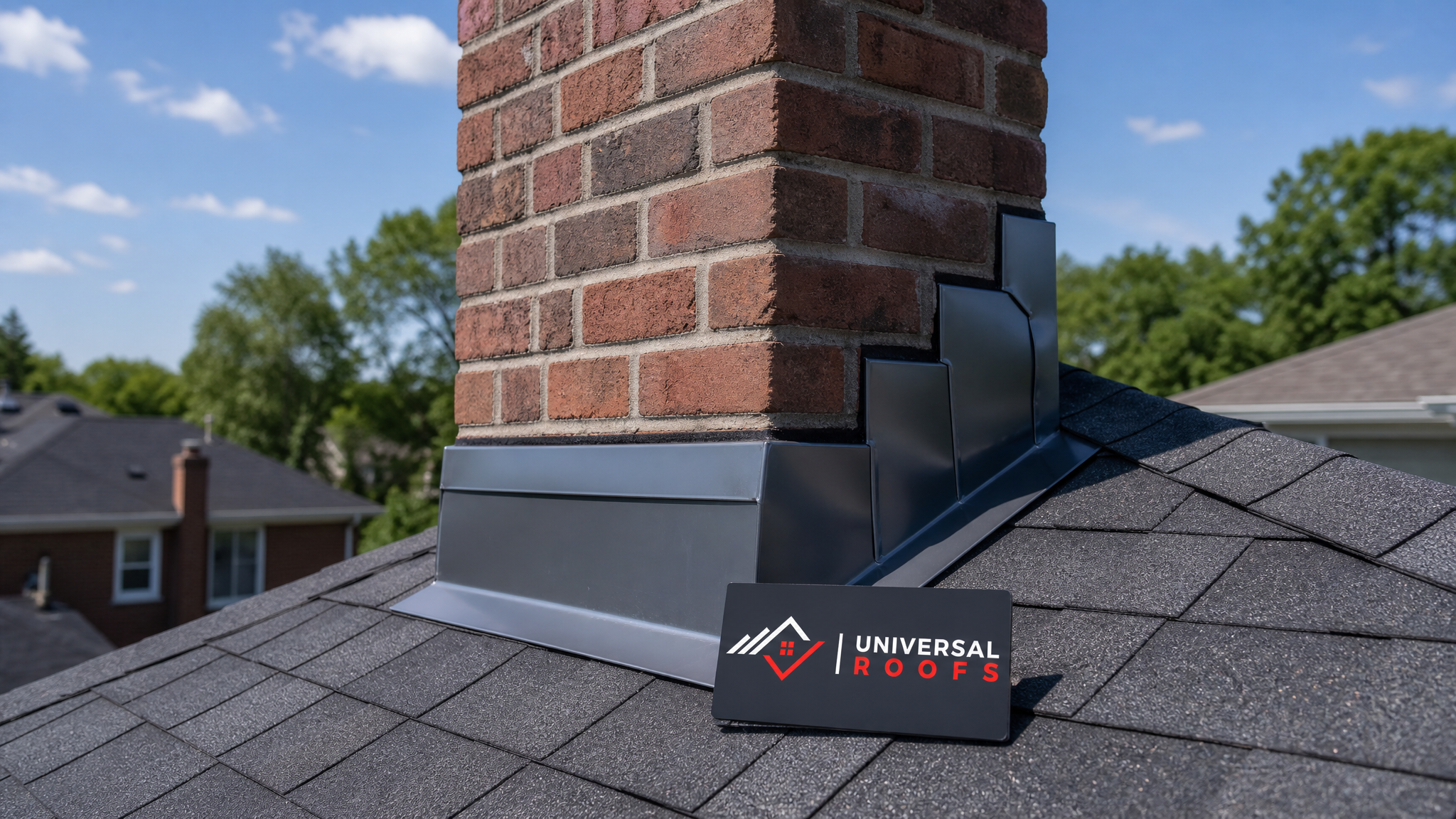 Newly repaired roof flashing around a brick chimney on a Toronto home, sealed tight with no visible leaks under summer daylight
