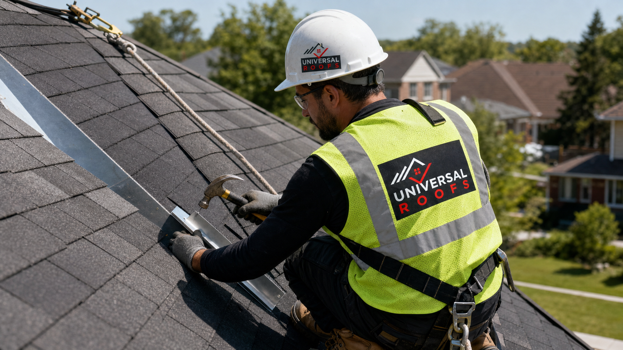 Roofer wearing full safety harness and PPE installing new step flashing along a roof valley on a sunny day