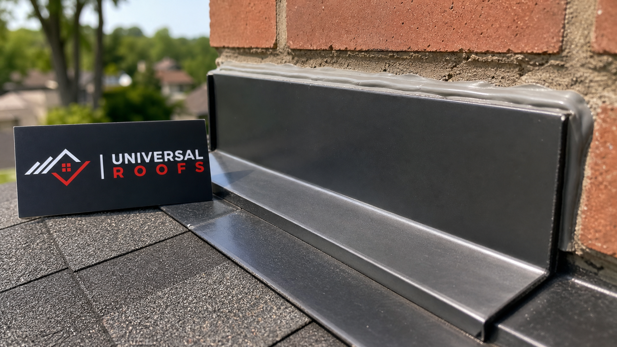 Close-up of new counter-flashing set into a mortar reglet against a brick chimney with sealant bead