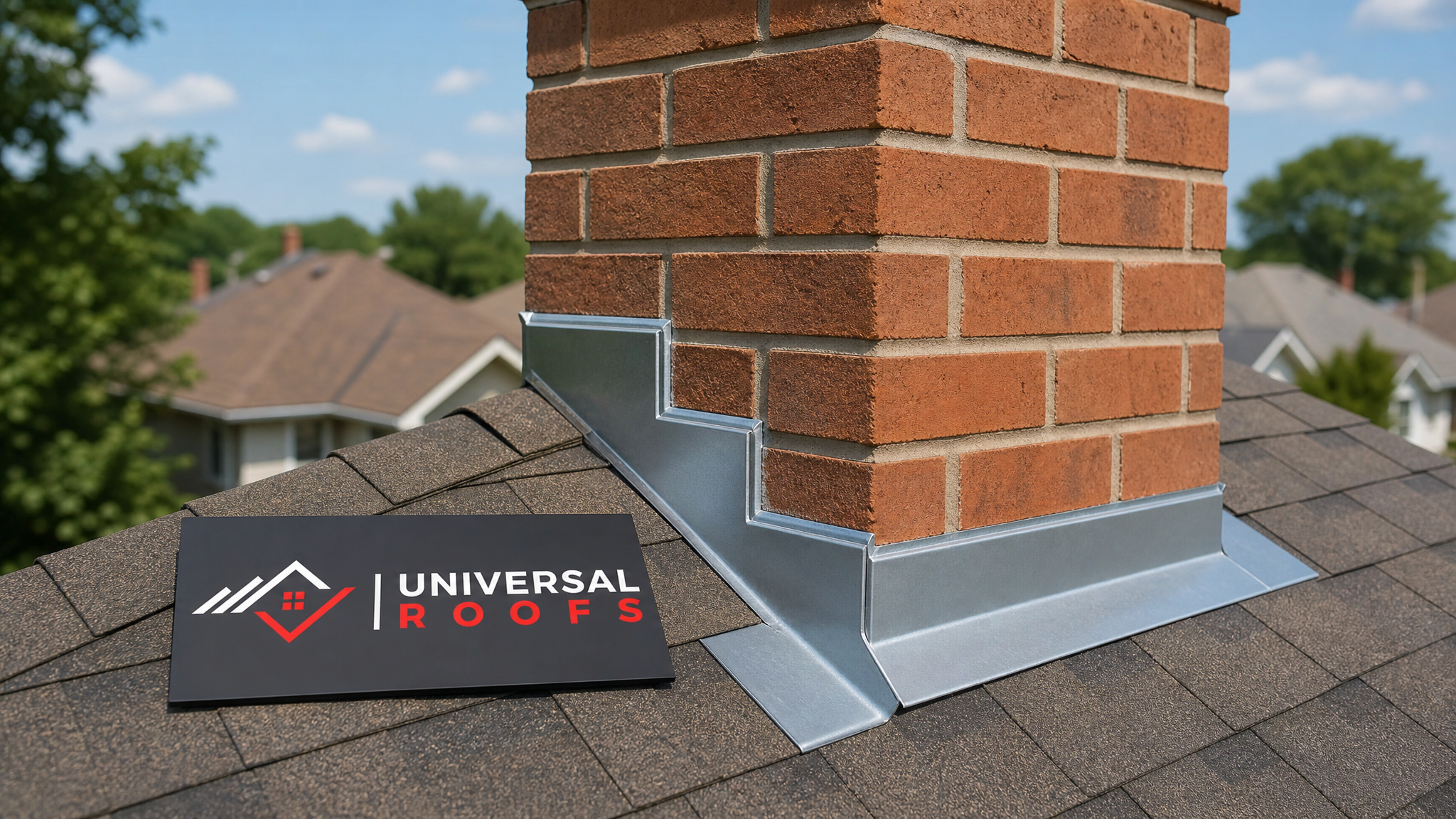 Newly repaired chimney flashing on a Toronto home roof showing clean step flashing and counter-flashing in summer daylight