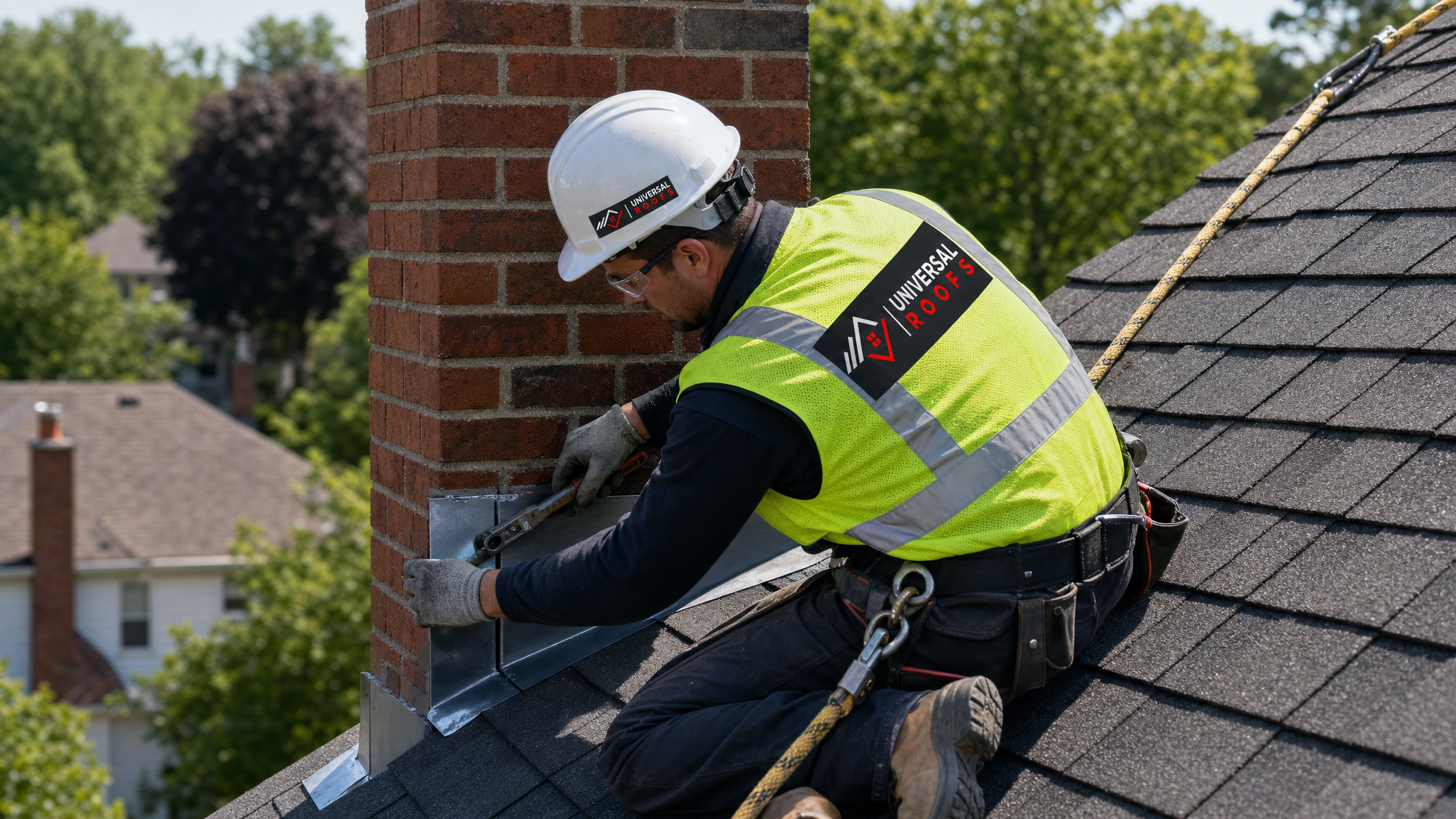 Roofer wearing full safety harness installing step flashing around a brick chimney on a Toronto rooftop