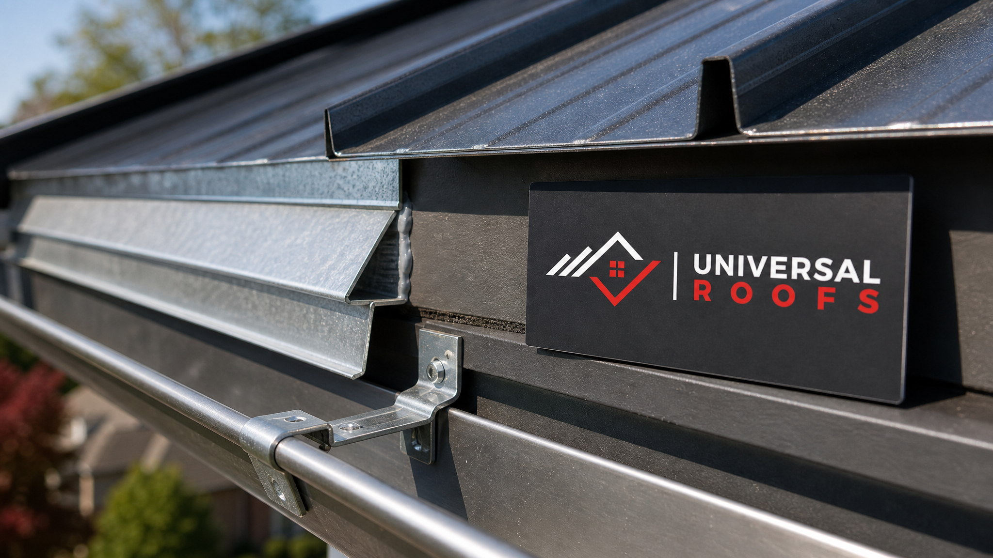 Close-up of new step flashing overlap and gutter hanger bracket on a metal roof