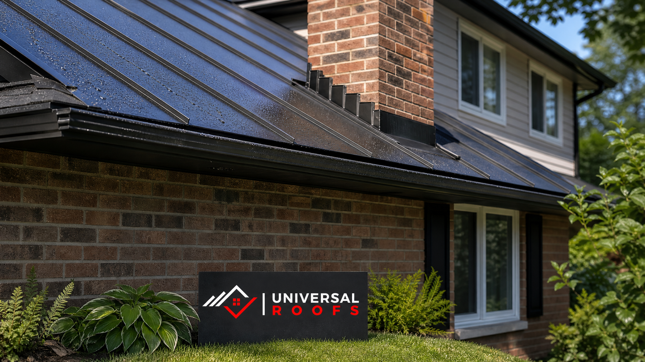 Freshly repaired metal roof flashing and clean aluminum gutters on a Toronto home in summer daylight