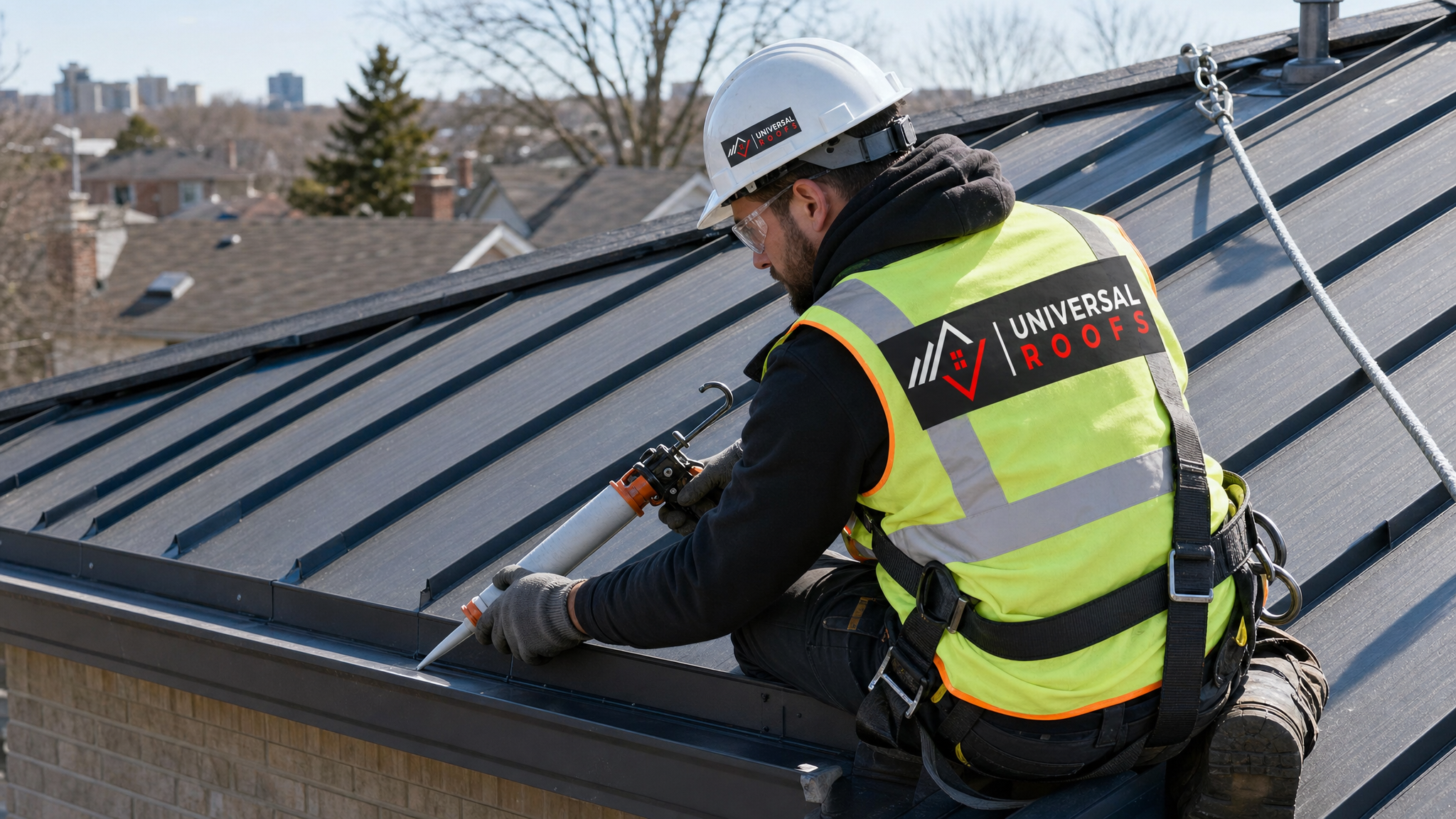 Roofing technician wearing full safety harness resealing metal roof flashing beside a gutter on a Toronto home