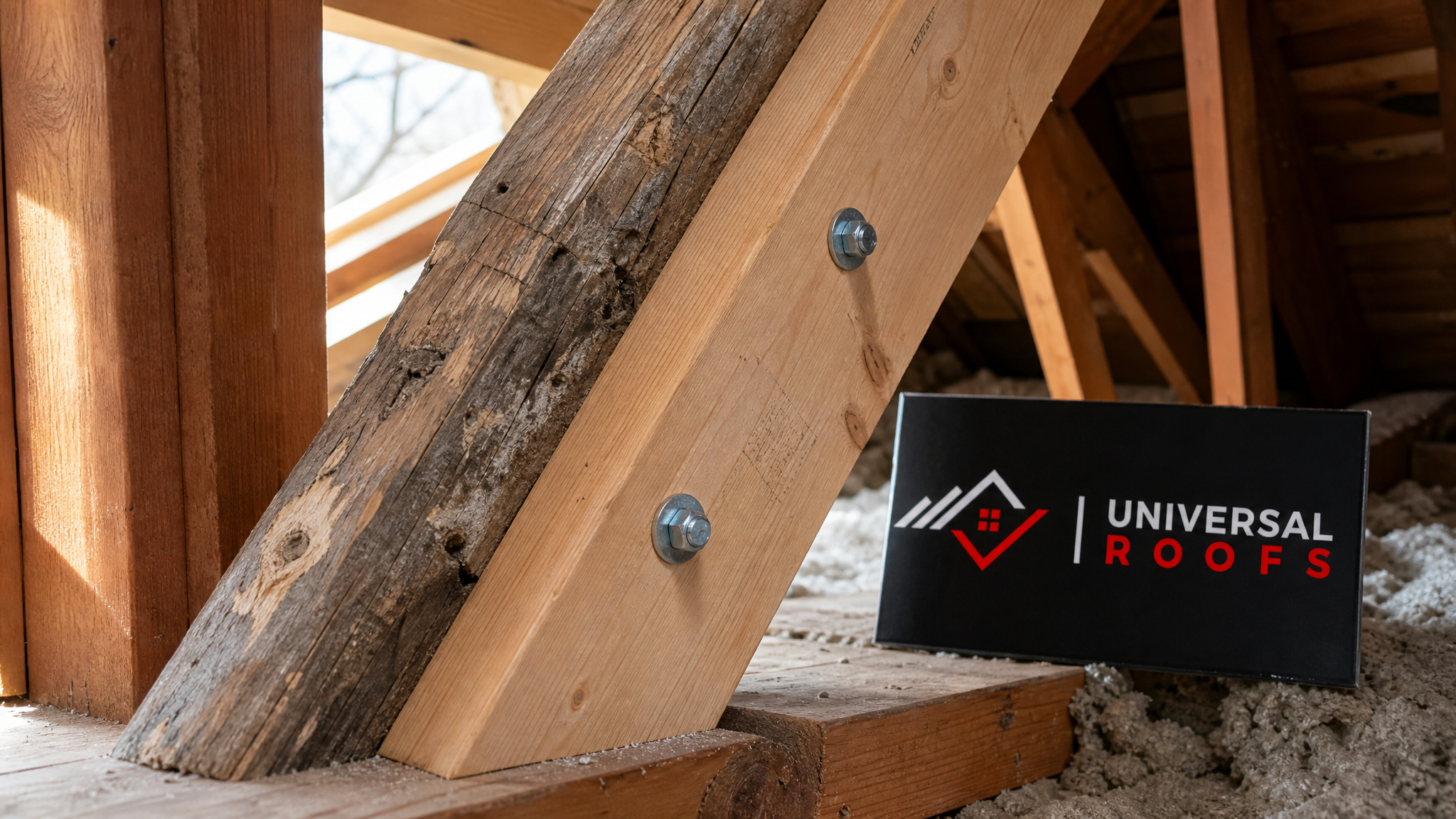 Close-up of a newly sistered wood rafter reinforcing a repaired section of roof structure
