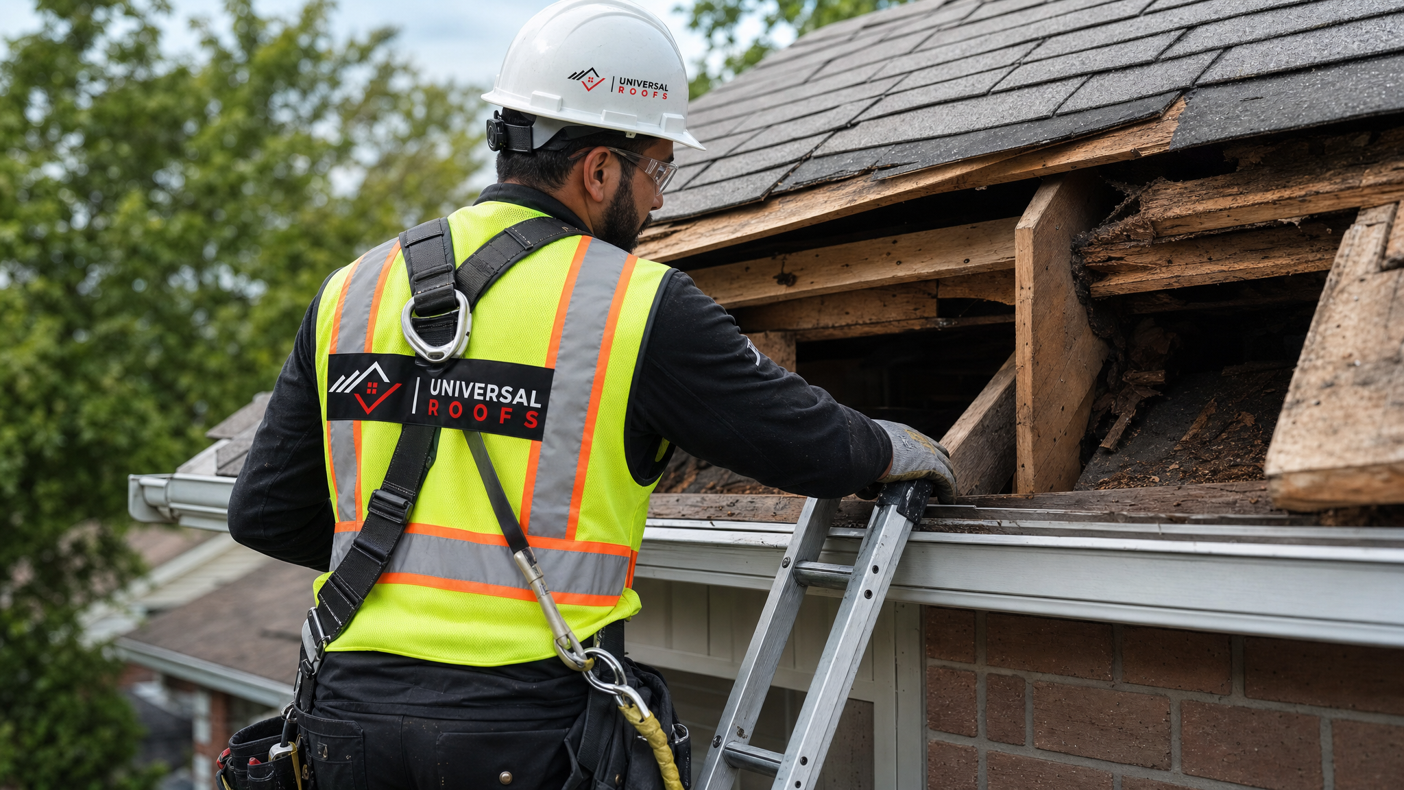 Roofer wearing full safety harness and PPE inspecting sagging roof rafters from a ladder at a Toronto home
