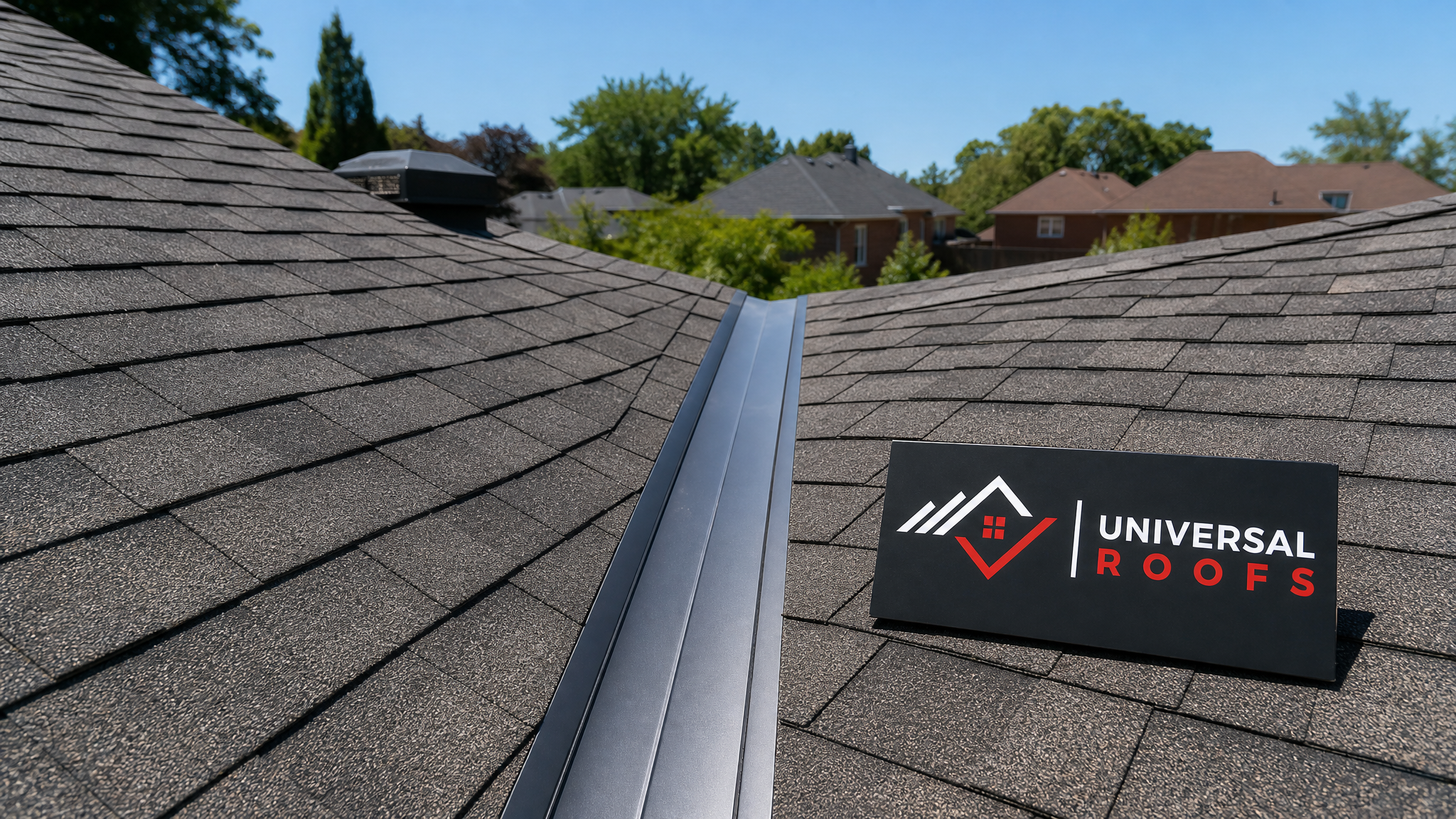 Freshly repaired open metal roof valley on a Toronto home under summer daylight, with new shingles cleanly cut along the valley line