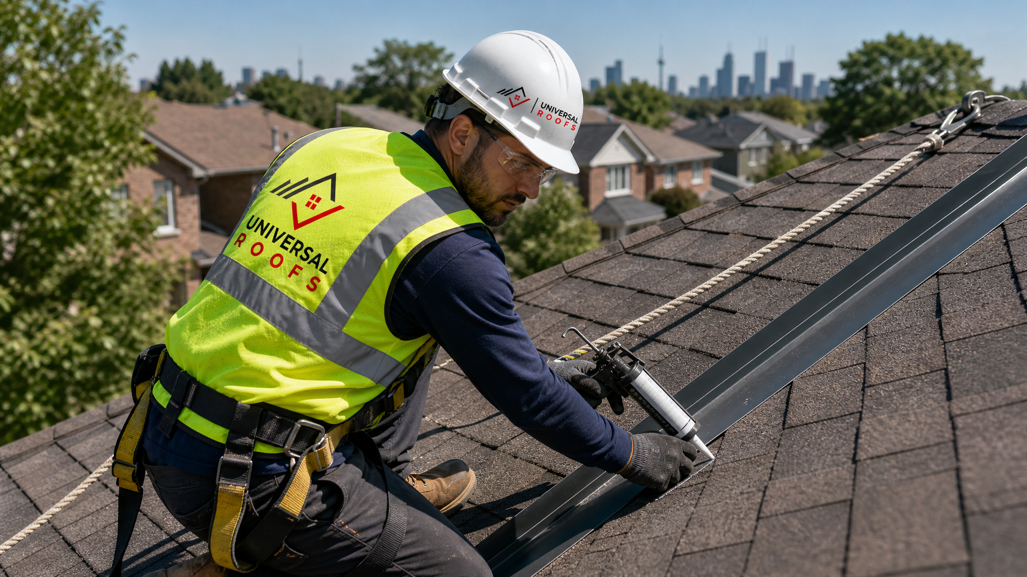 Roofing technician wearing full safety gear installing new valley flashing on a sloped residential roof in Toronto