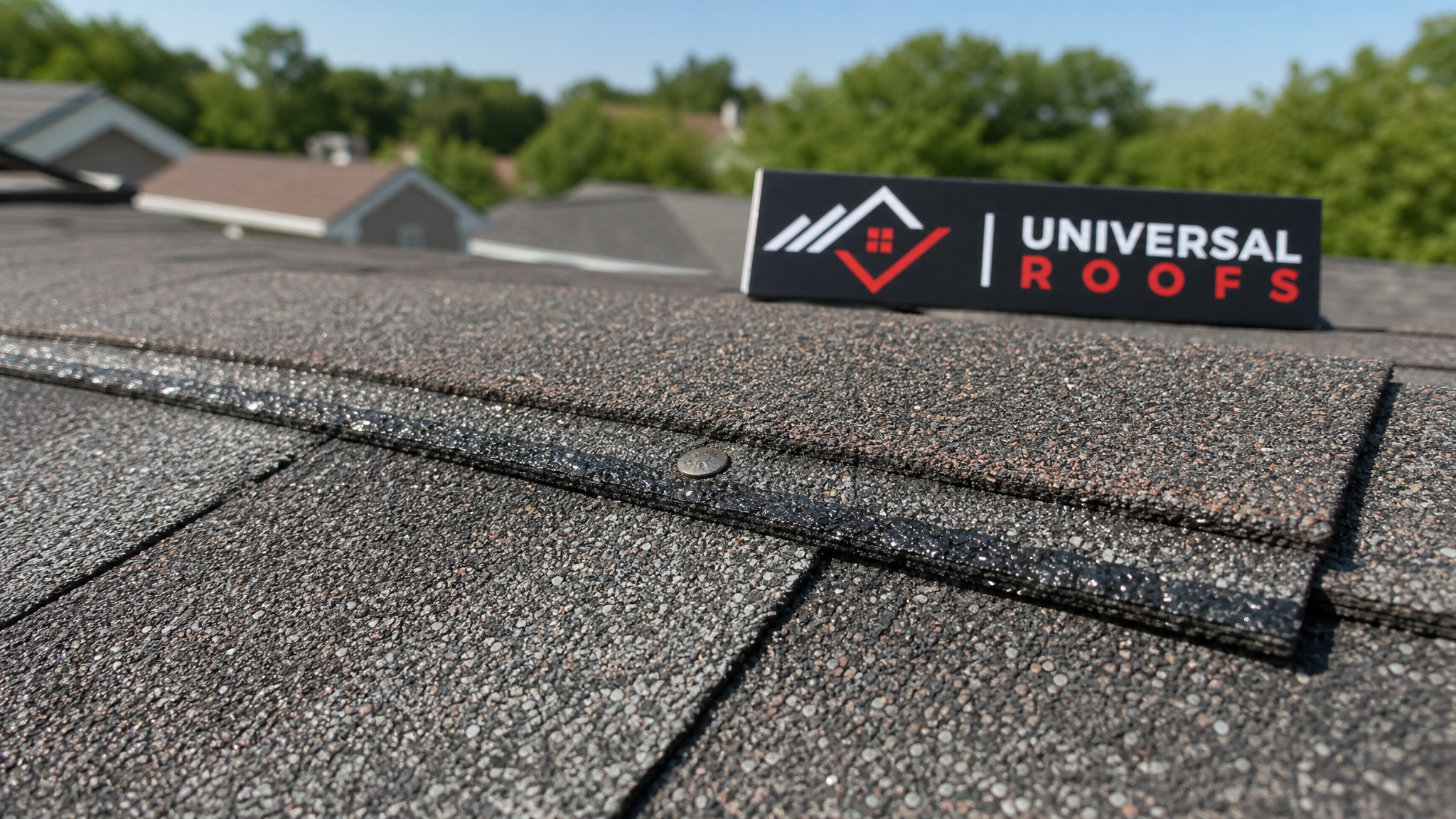 Close-up of properly sealed and nailed asphalt shingle tab after wind damage repair with branded sign placard nearby