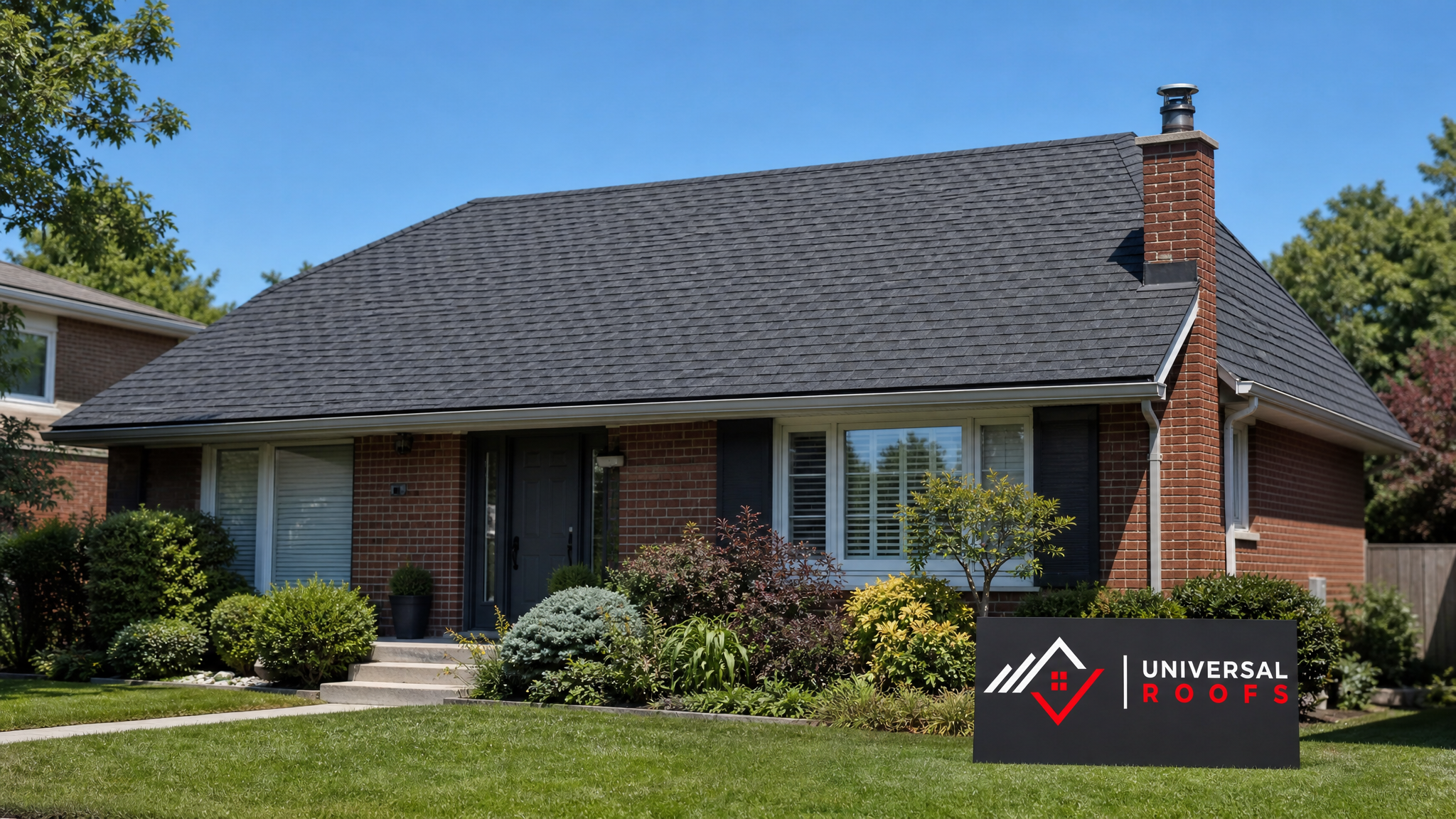 Fully repaired asphalt shingle roof after wind damage repair on a Toronto area home in summer daylight