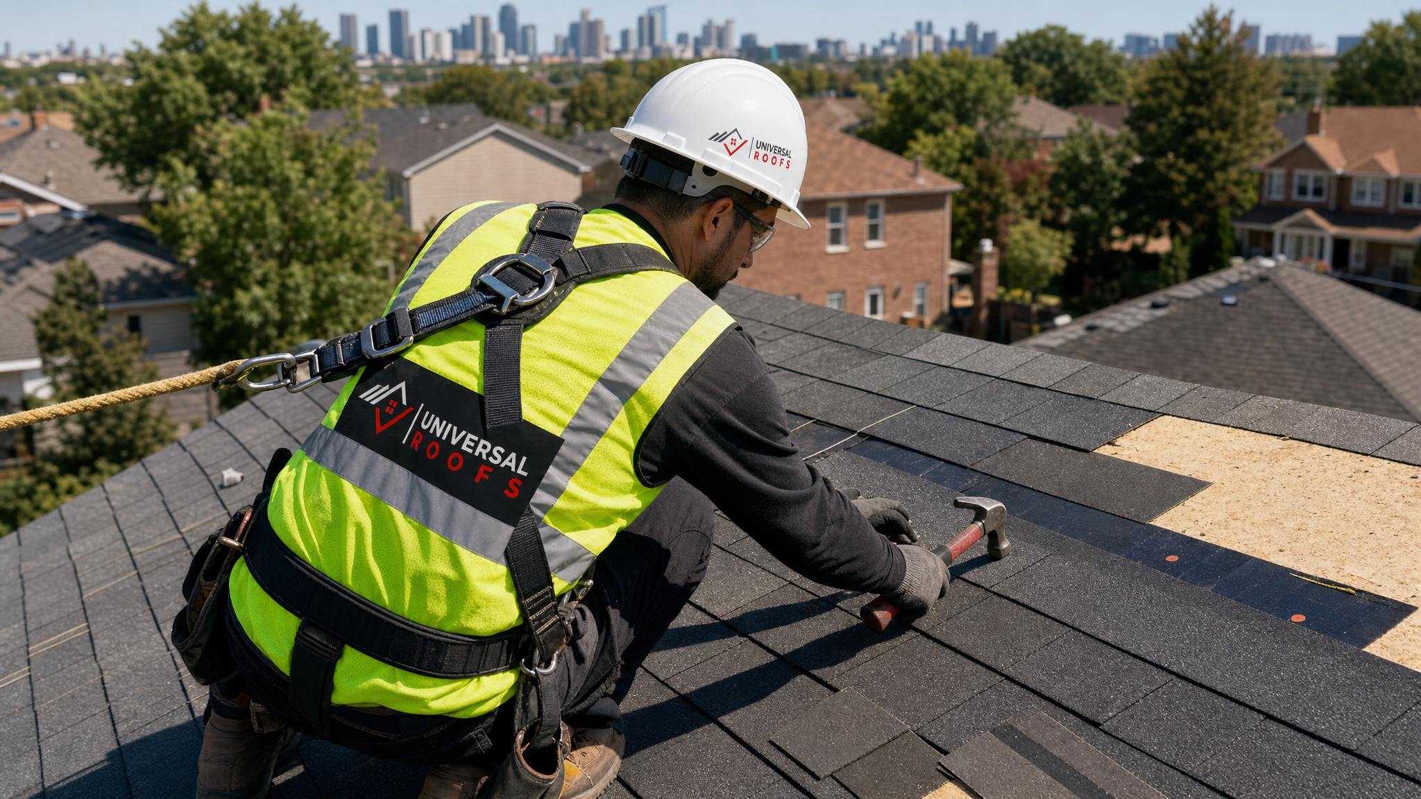 Roofer wearing full safety harness and PPE replacing wind-damaged asphalt shingles on a residential roof in Toronto