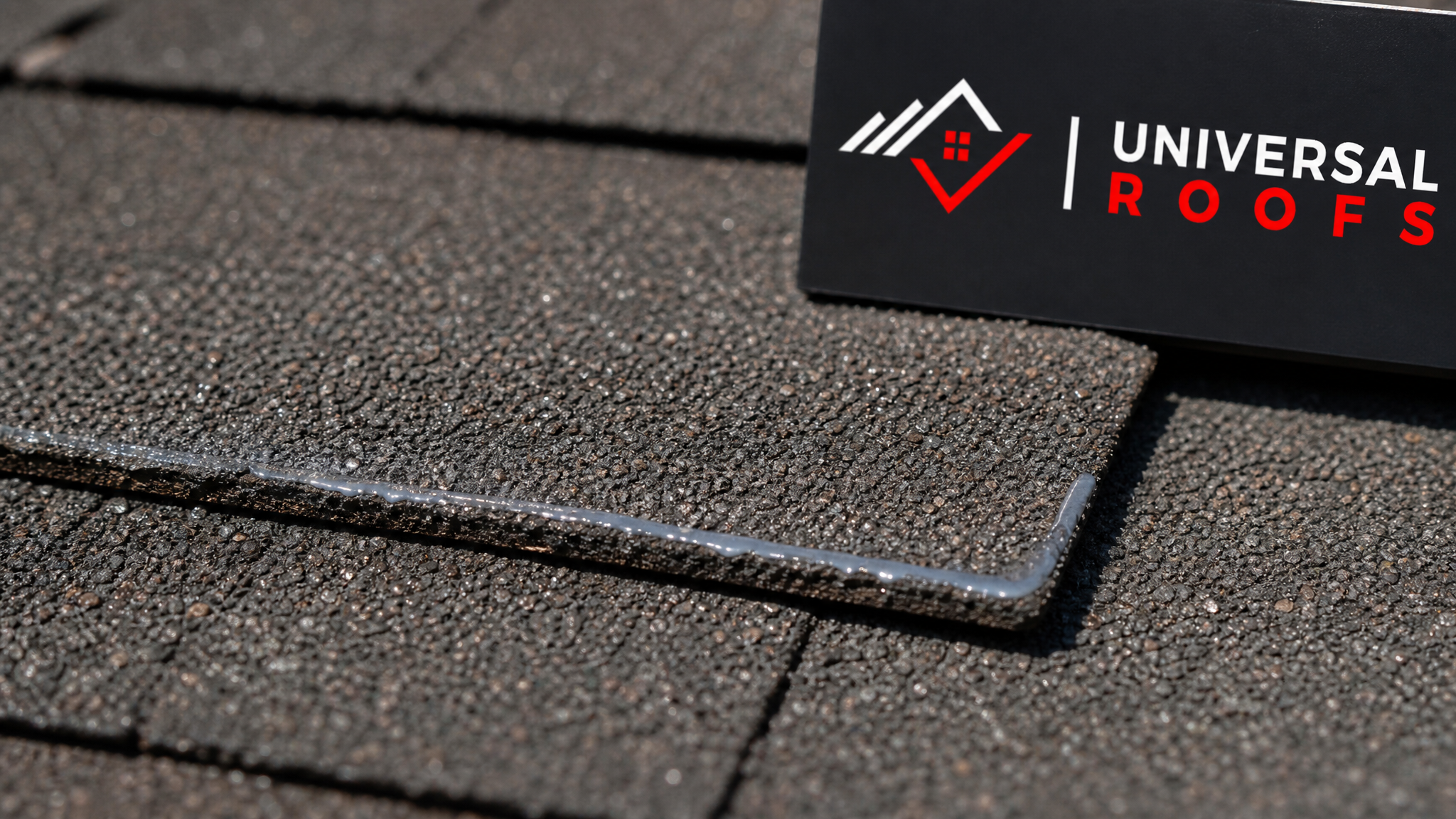 Close-up of a sealed asphalt shingle tab edge showing cold-weather sealant application on a Toronto roof