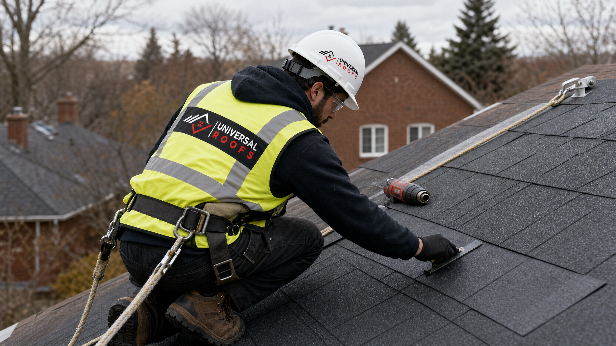 Roofer wearing a harness and full safety gear installing a replacement shingle on a Toronto roof in cold weather