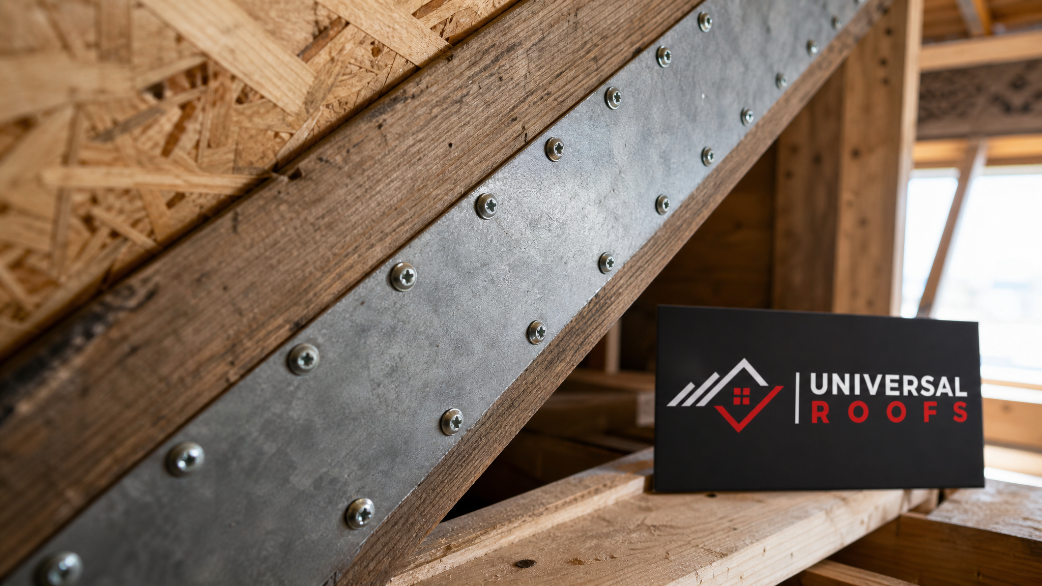 Close-up detail of a reclaimed wood rafter reinforced with a steel sister plate and recycled-content sheathing during a green roof sagging repair