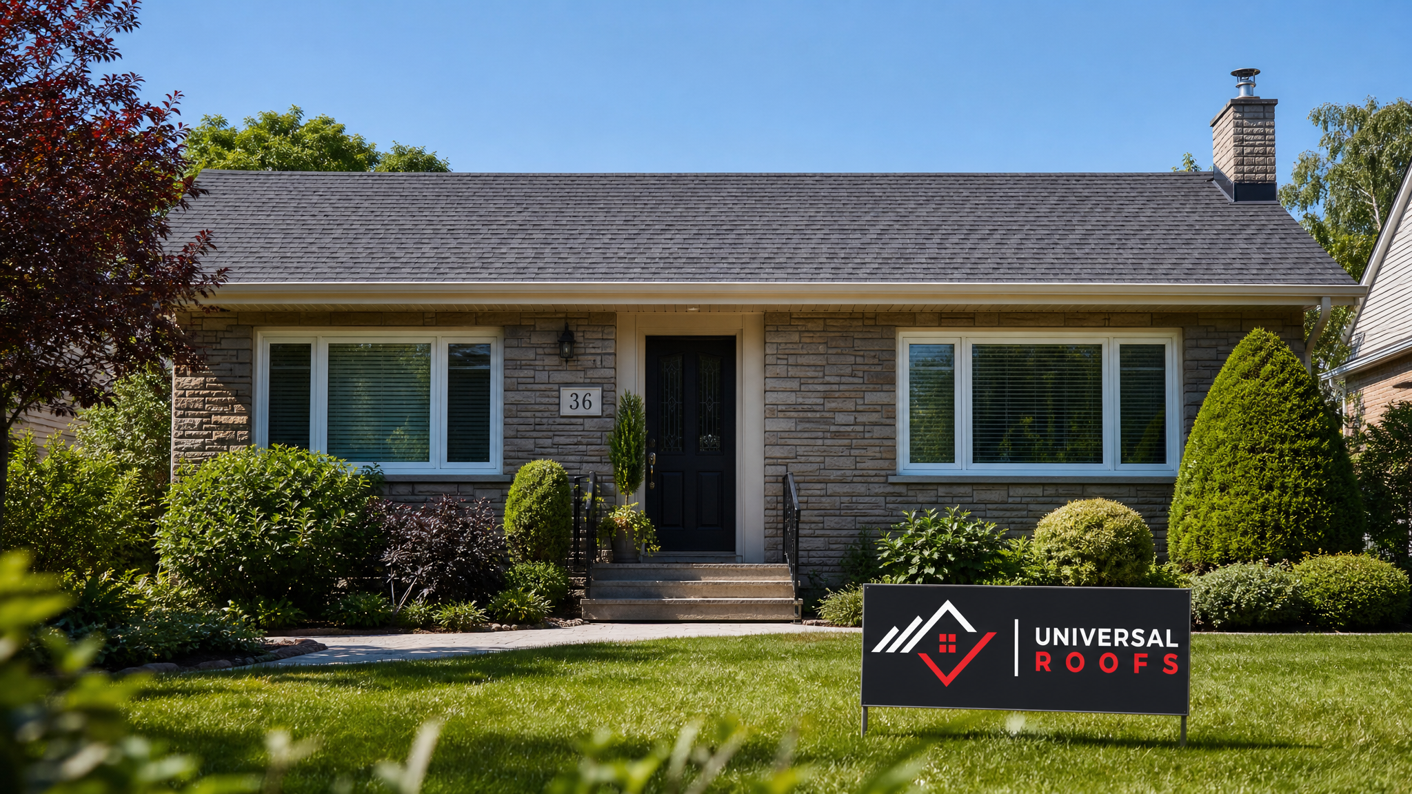 A restored Toronto home roofline with a straight, sag-free roof deck and new sustainable shingles under summer daylight