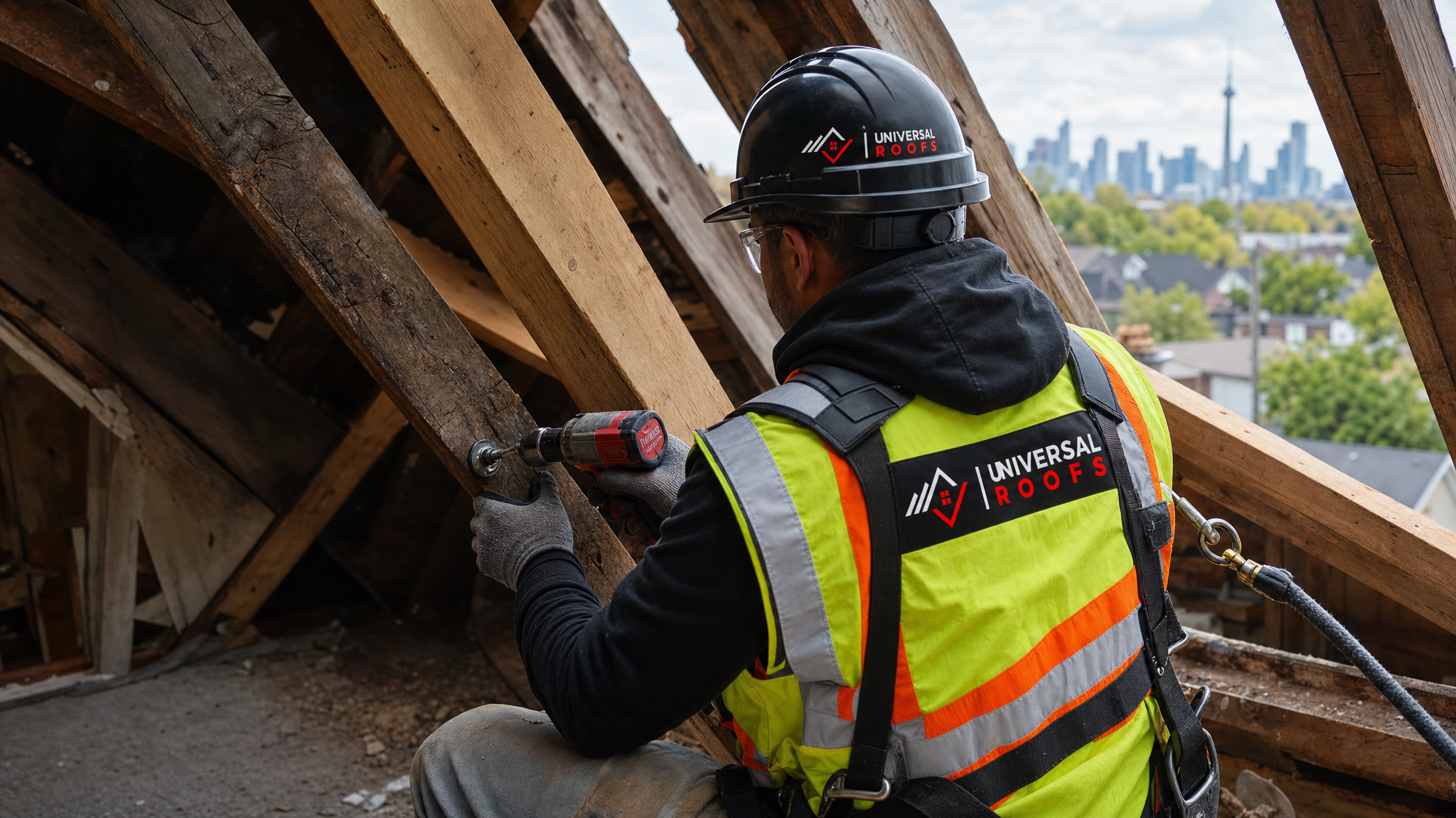 A roofer wearing full safety harness and PPE sistering a reclaimed rafter beam to correct roof sagging on a Toronto home in daylight