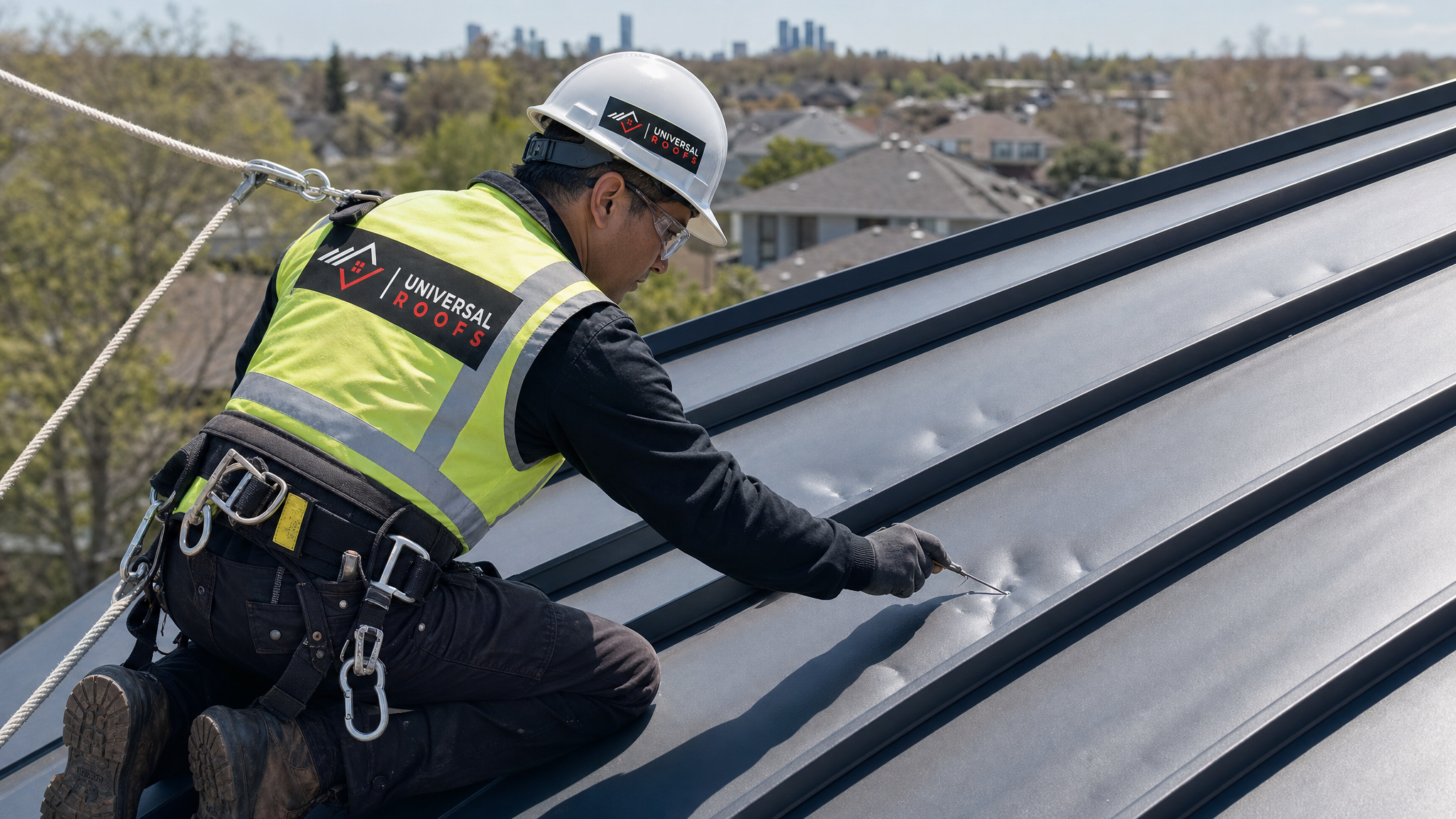 Roofing technician in full safety harness inspecting hail-dented metal roof panels on a Toronto home