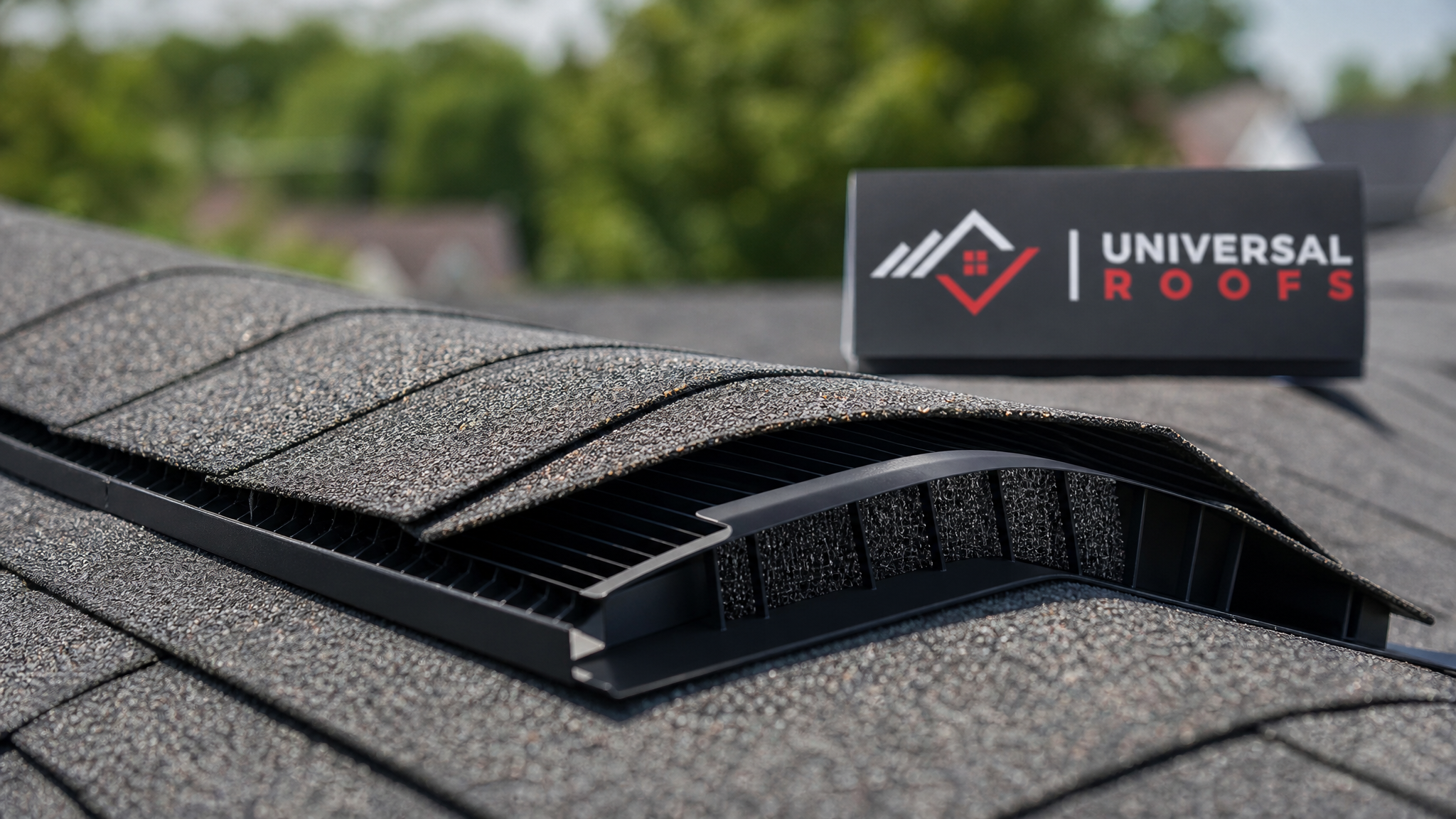 Close-up detail of a ridge vent cross-section showing baffle design and shingle overlay on a Toronto roof