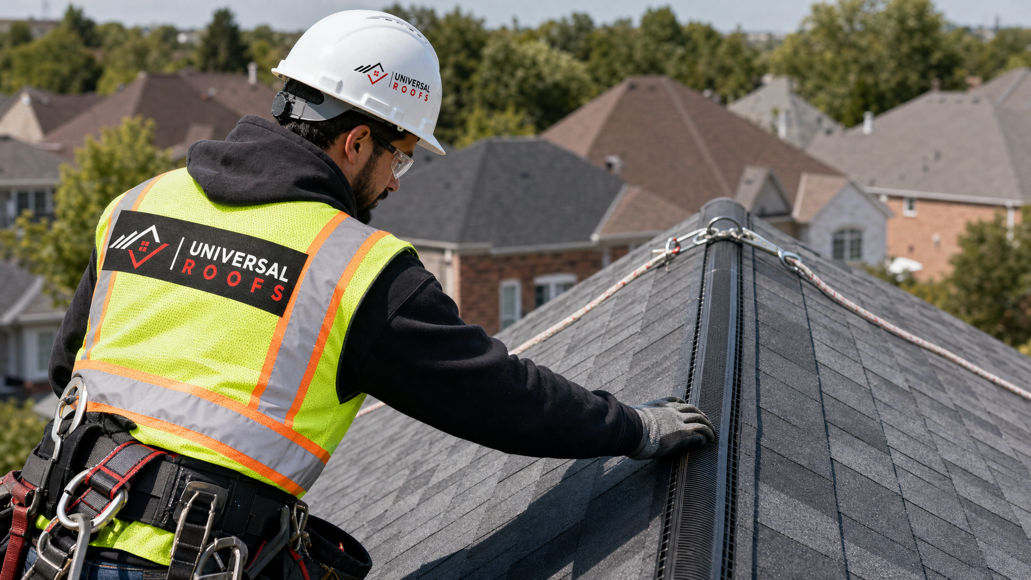 Roofer wearing full safety harness and PPE inspecting and installing a ridge vent on a sloped shingle roof