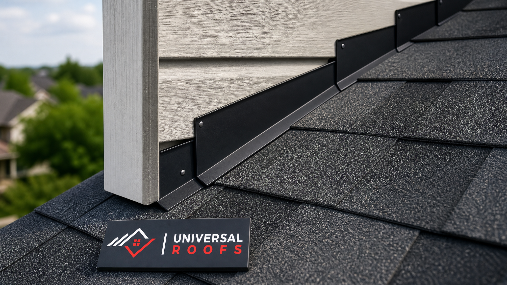 Close-up of new architectural asphalt shingles and metal flashing installed during a wind damage repair, with a Universal Roofs branded sign placard nearby