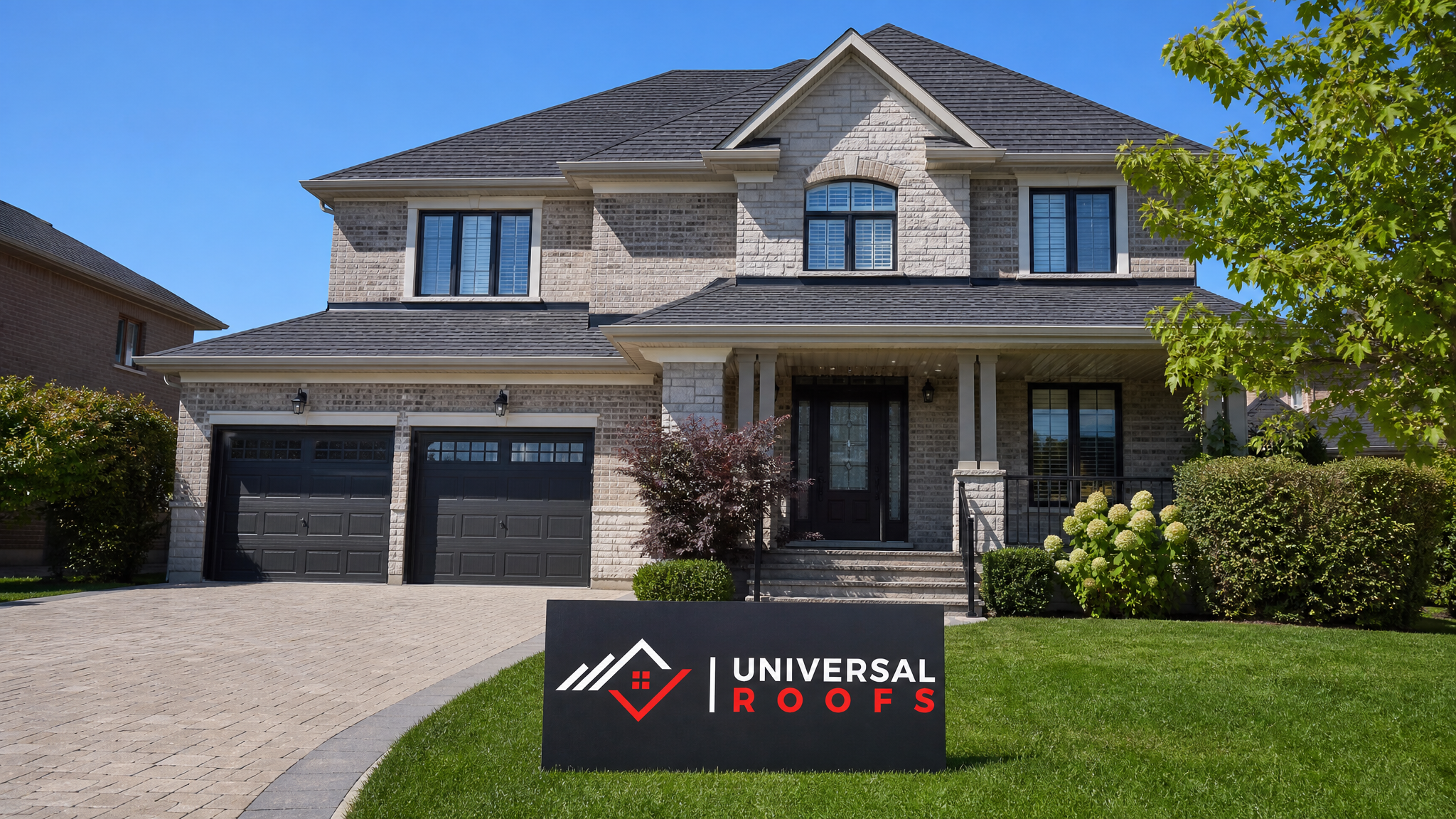 Repaired asphalt shingle roof on a Toronto home after wind damage, showing clean uniform shingle lines under summer daylight