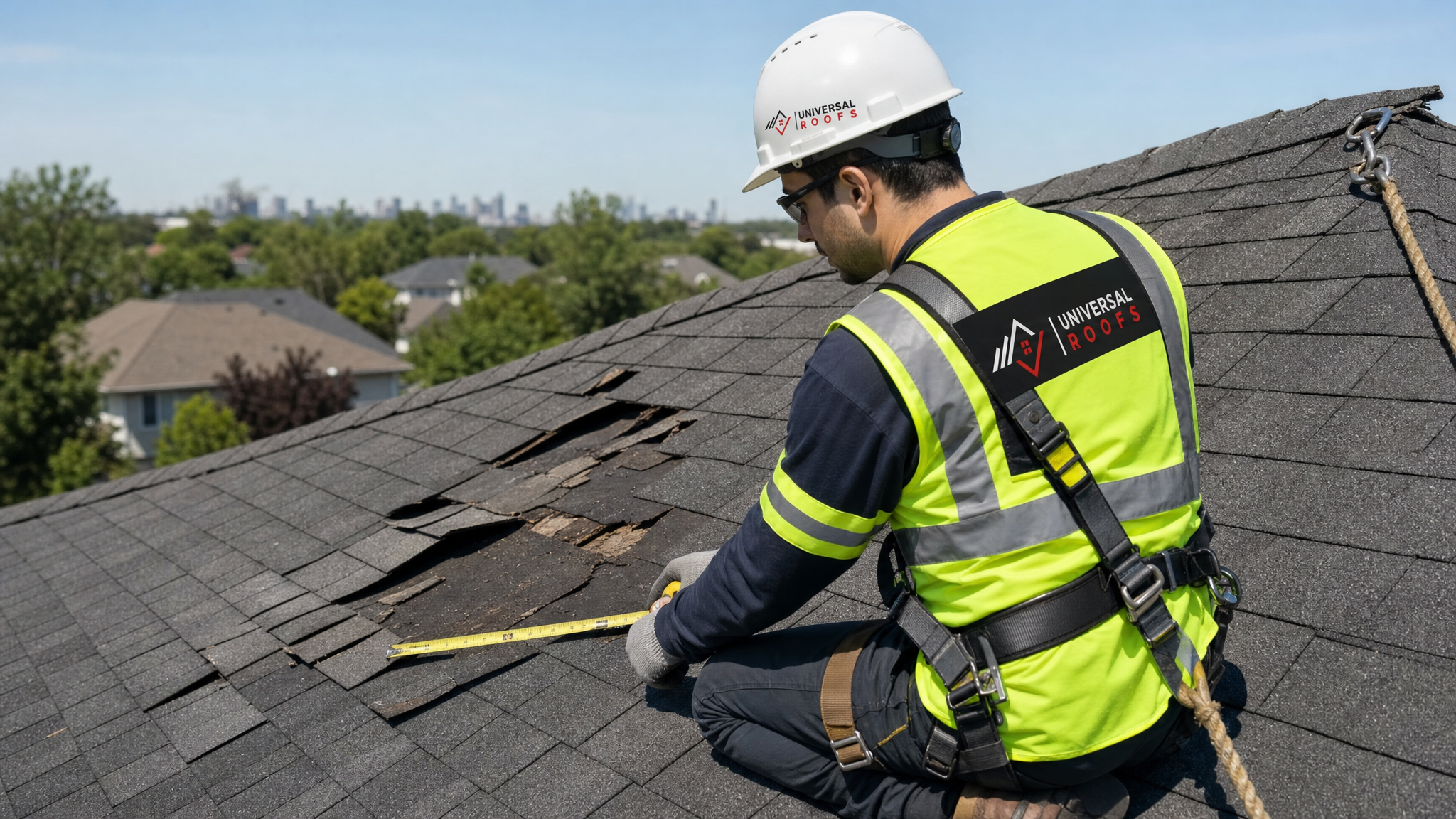 Roofing technician wearing hard hat, hi-vis vest, safety glasses, gloves and a fall-protection harness measuring wind-damaged shingles on a Toronto home in daylight