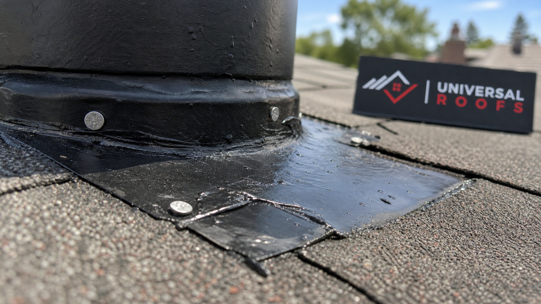 Close-up of a newly sealed roof flashing joint with roofing cement and galvanized nails after hail damage repair